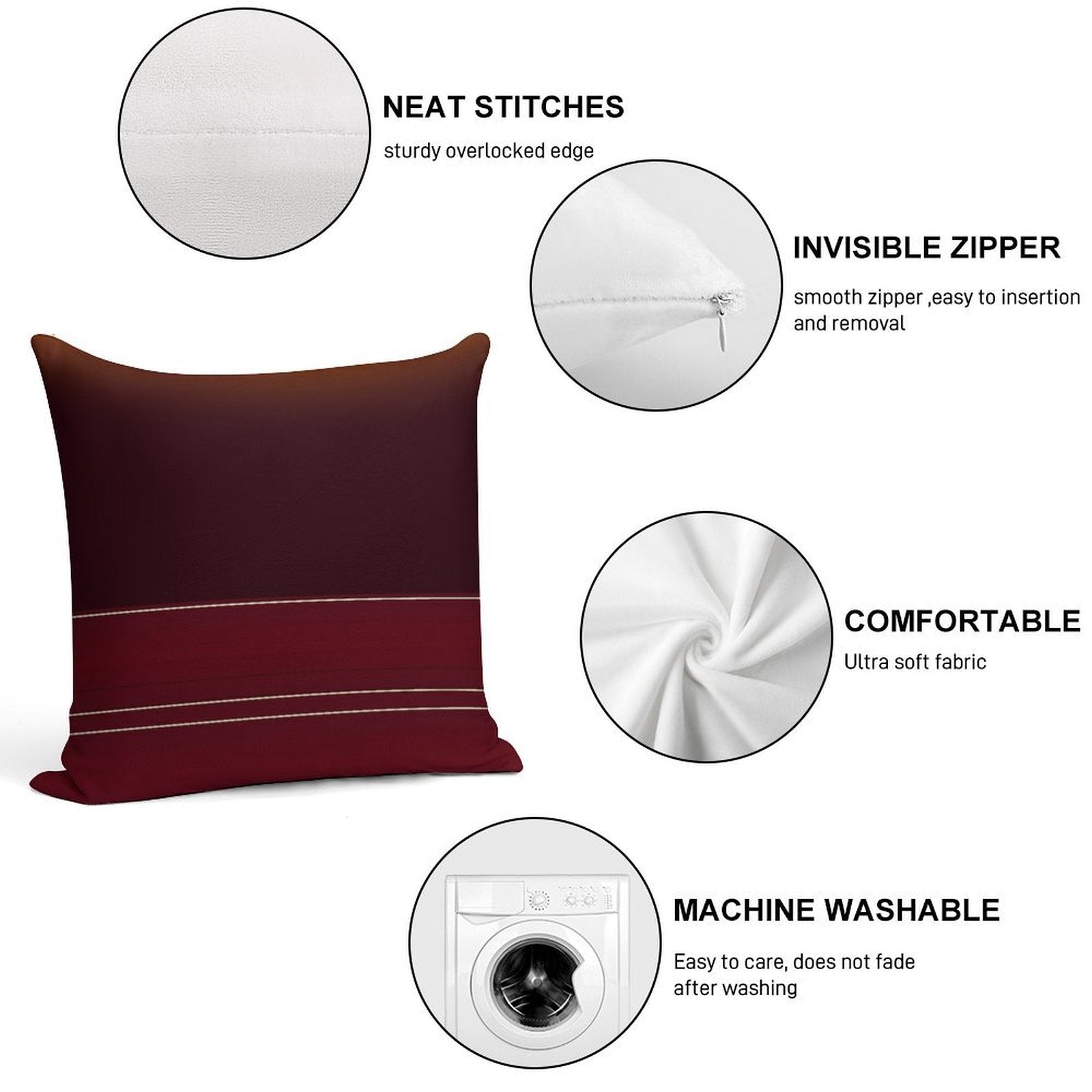 Rich Burgundy Ombre Wine with Gold Stripes Soft Reinforced Edging Throw Pillow