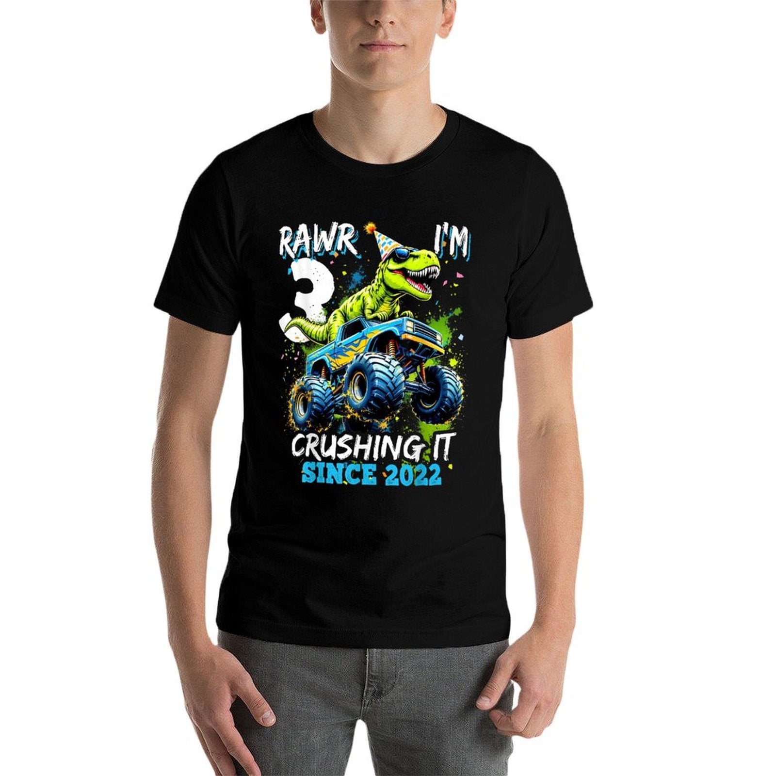 3rd Birthday Monster Truck Dinosaur Party Boys Rawr I'm 3  High-quality Stitching T-Shirt