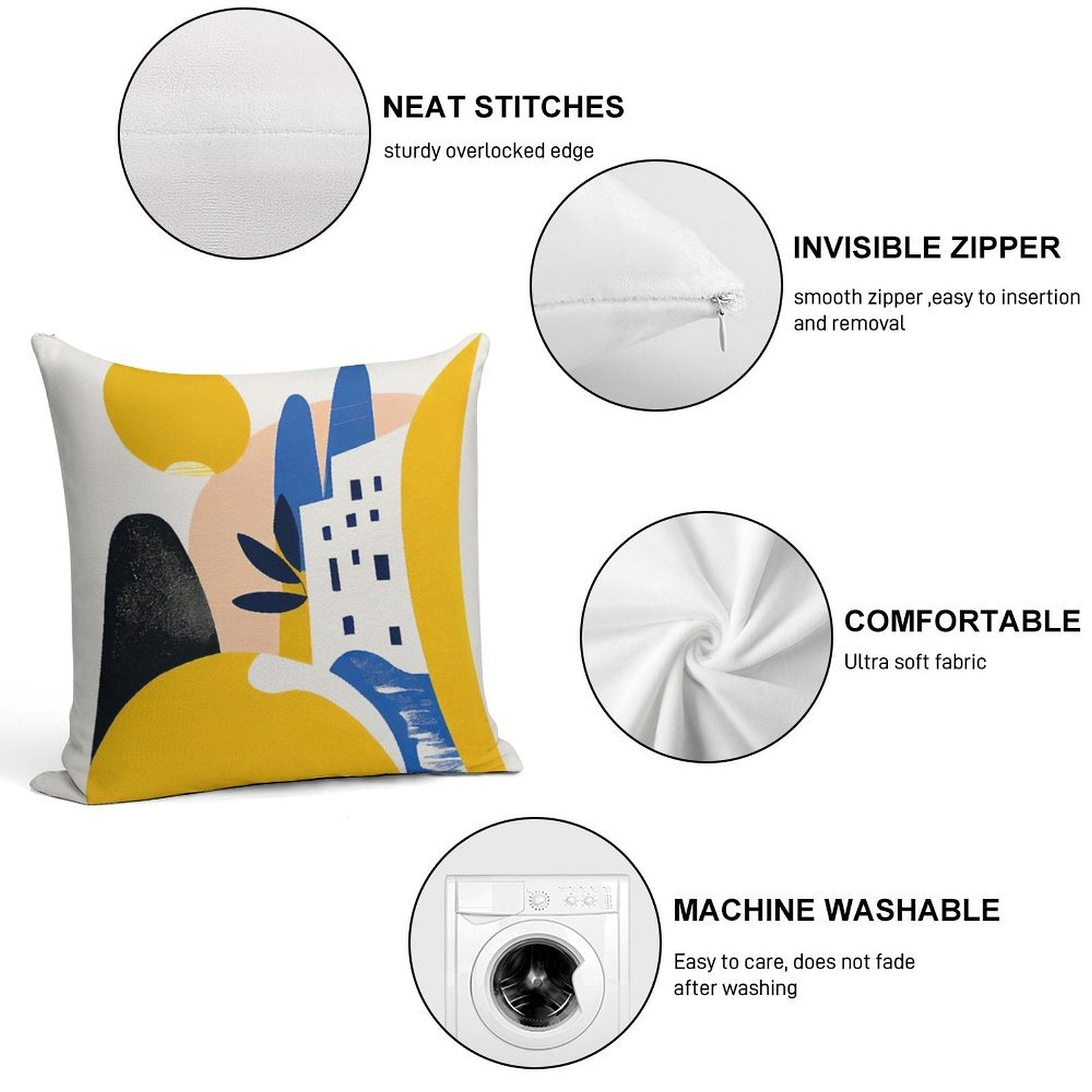 Abstract Mediterranean Desert City Yellow Blue Mid-Century Modern Boho Soft Fade-Resistant Throw Pillow