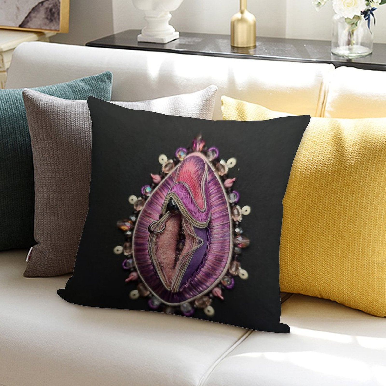 Purple Hand Embroidered Vulva Sculpture Soft Decorative Cover Throw Pillow