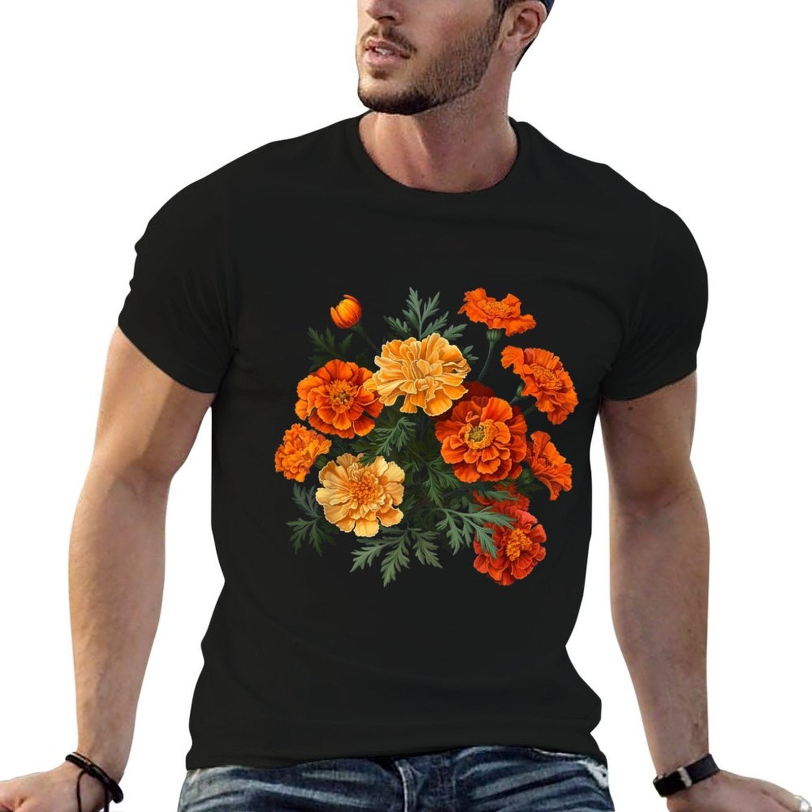 Birth Month Marigold Flower Floral Bouquet Flowers Lovers  Slim-fit Cut T-Shirt