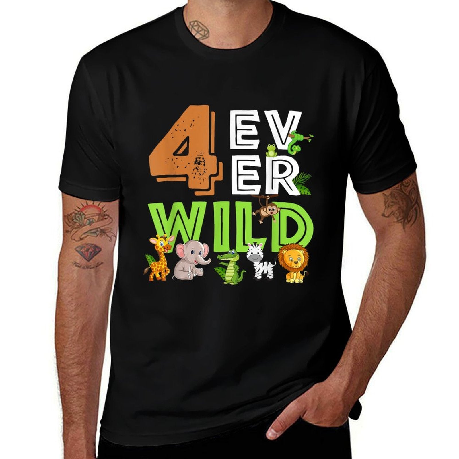 4 Ever Wild Birthday Decorations Boy Zoo 4th Birthday Party  Ribbed Collar T-Shirt