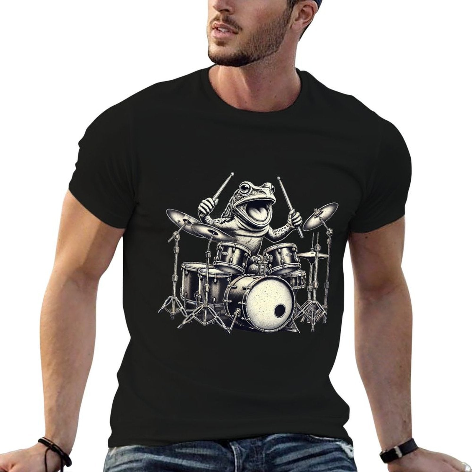 Funny Vintage Frog Drummer Rock Drummer Frog Playing Drums  Moisture-wicking T-Shirt