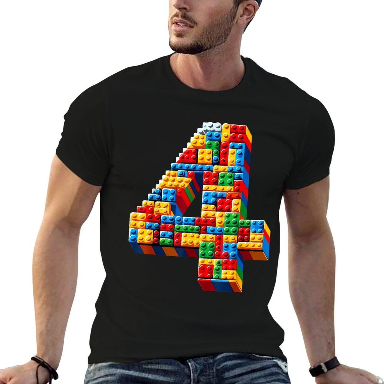 4 Year Old Blocks Building Master Builder 4th Birthday Boy  Rolled Sleeves T-Shirt