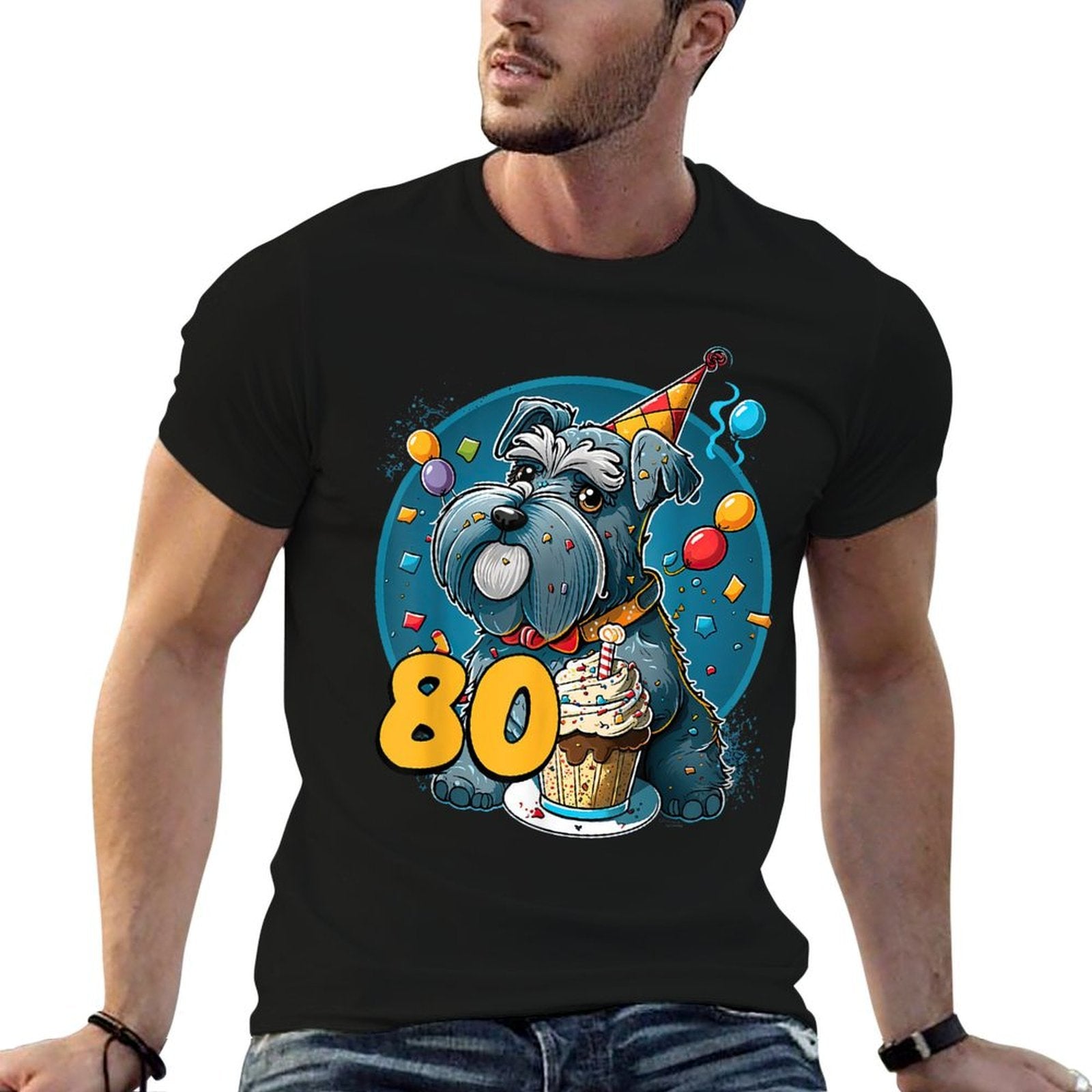 Miniature Schnauzer Dog 80th Birthday Themed Party 80  Tagless Design T-Shirt