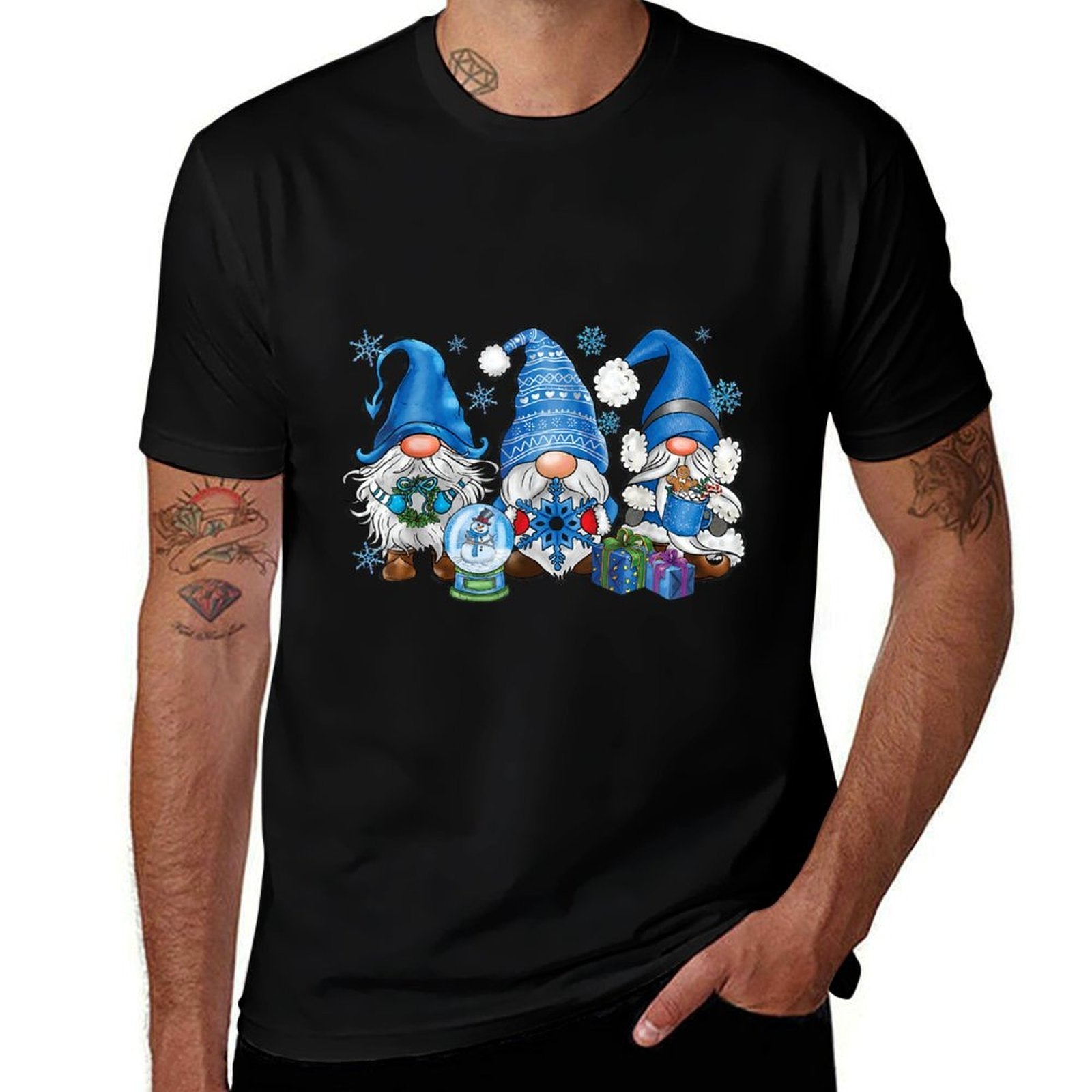 Snowman Gnomes in Blue Merry Christmas Gnomies Hello Winter  Cotton T-Shirt