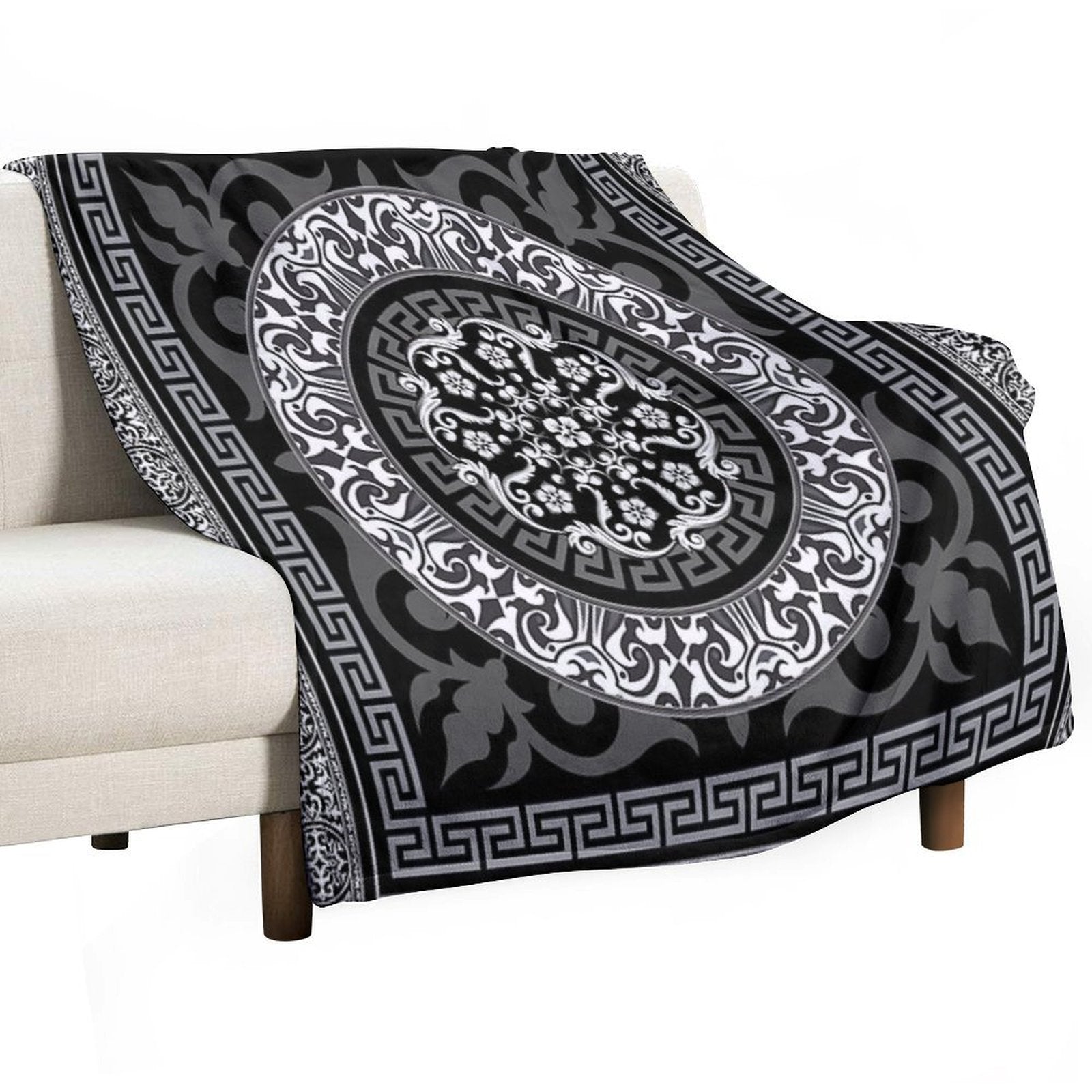 Ornate Baroque Black Grey White Greek Key Plush Throw Blanket