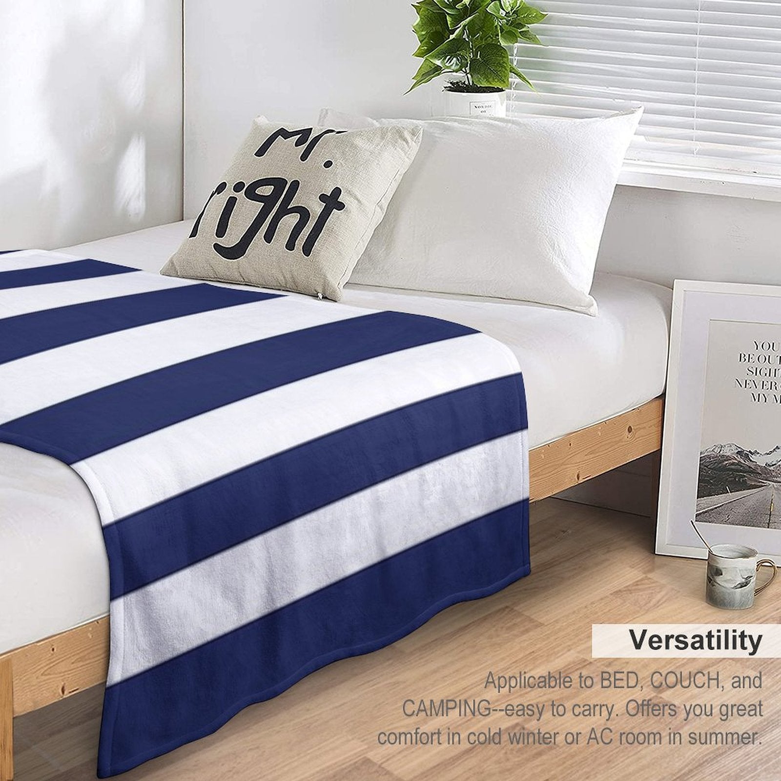 Navy Blue And White Stripes Machine-washable Throw Blanket