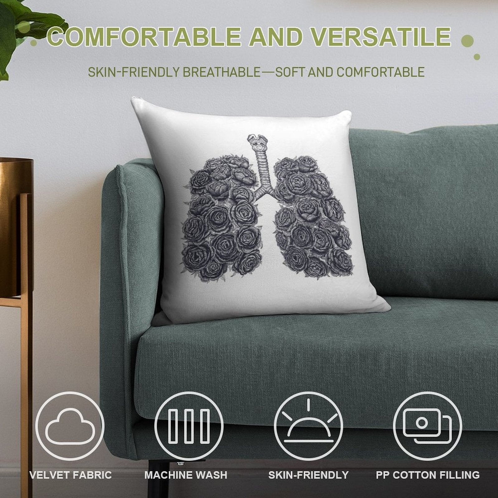 Lungs with Peonies Soft Skin-Friendly Throw Pillow