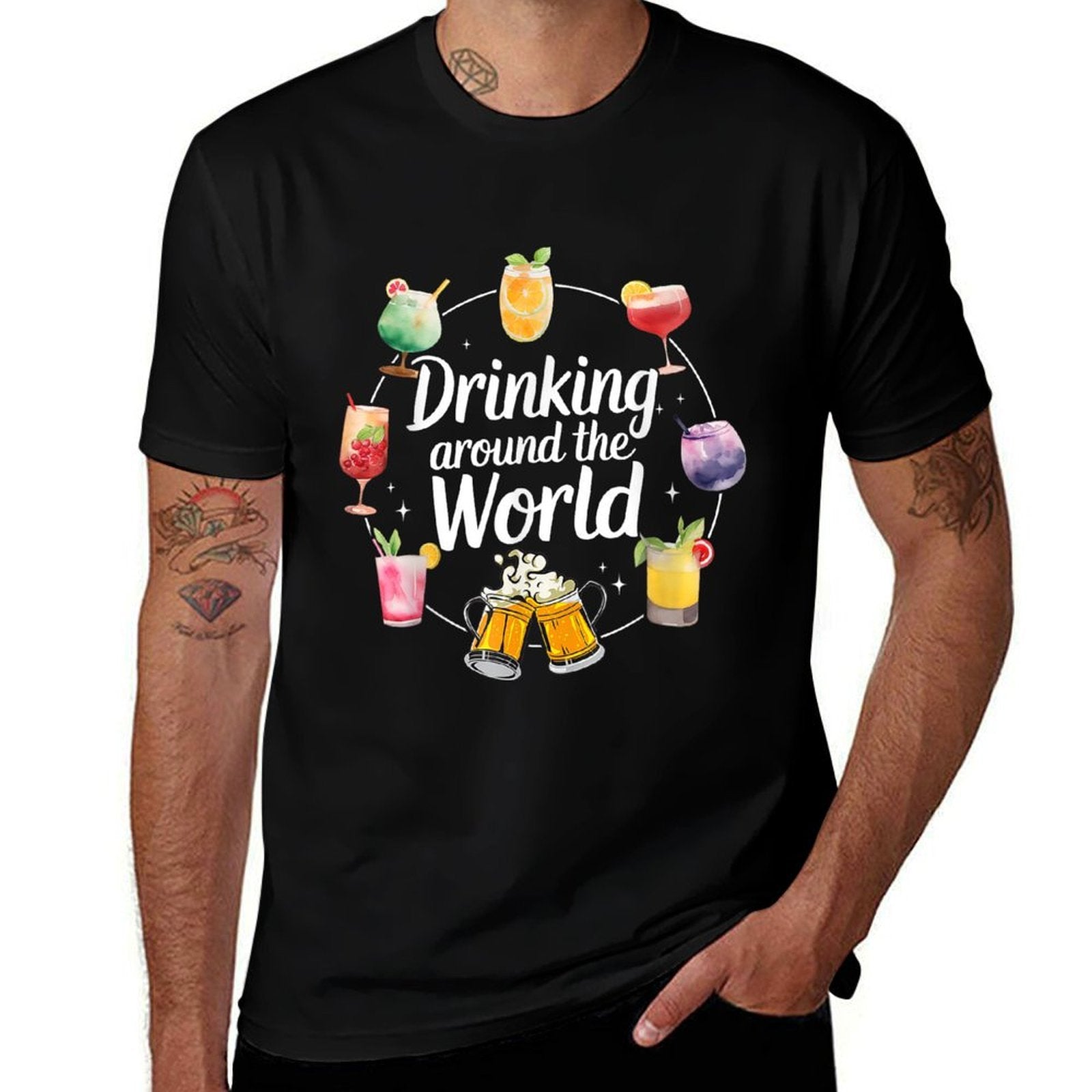 Drinking Around The World Funny Travel Cocktail  Trendy Pattern T-Shirt