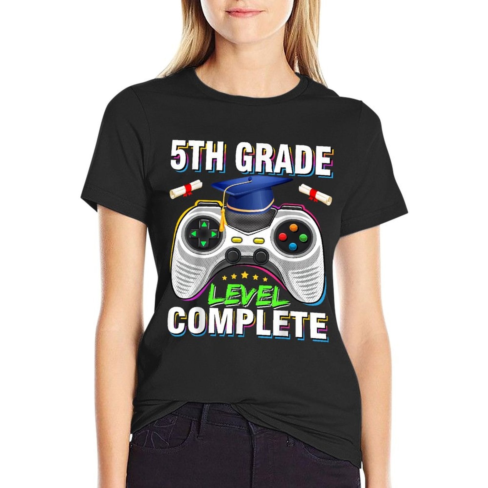 5th Grade Level Complete Graduation Gaming Class 2024 Gamer  Rolled Sleeves T-Shirt