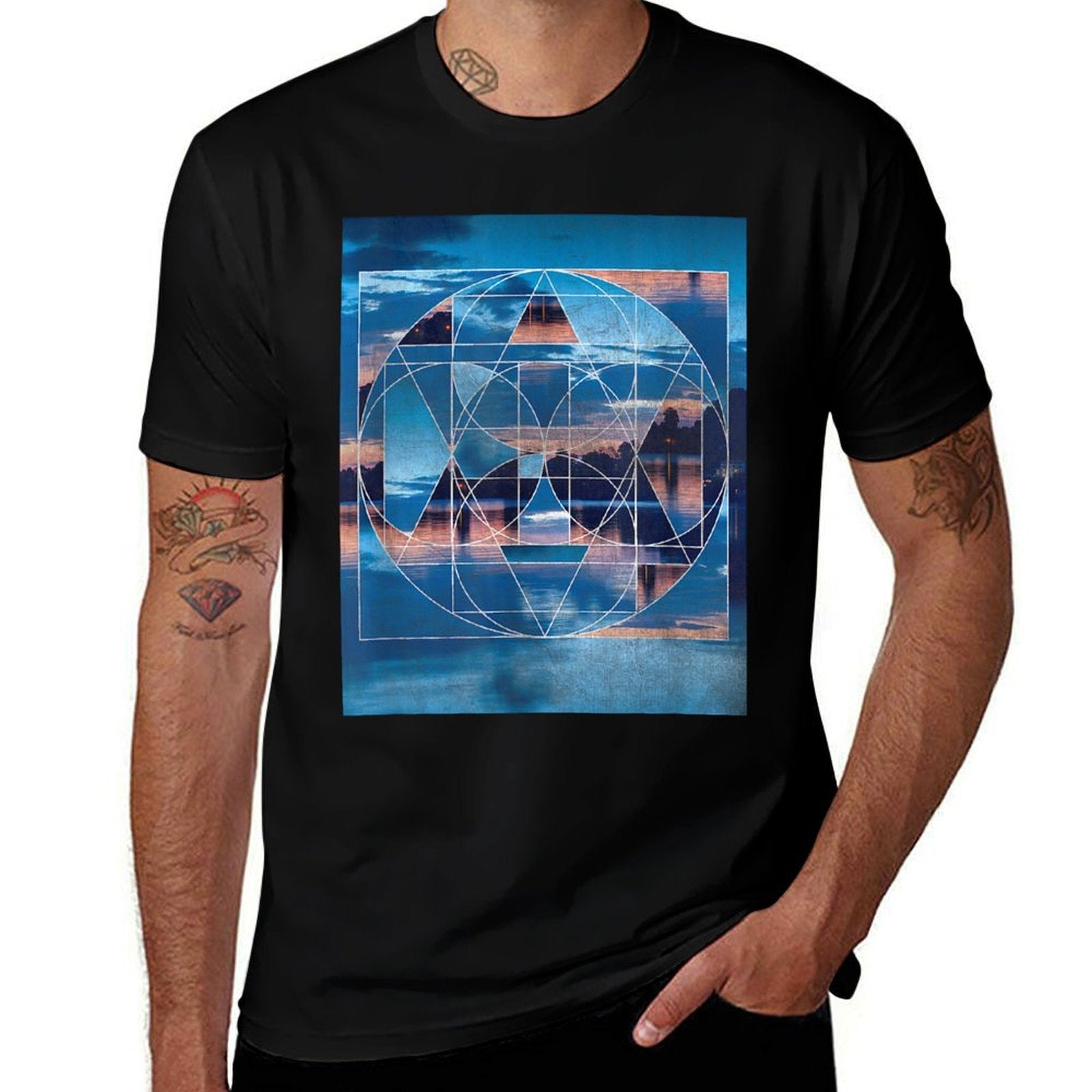 Geometric Blue Lake Abstract Sacred Geometry Landscape  Vintage-inspired T-Shirt