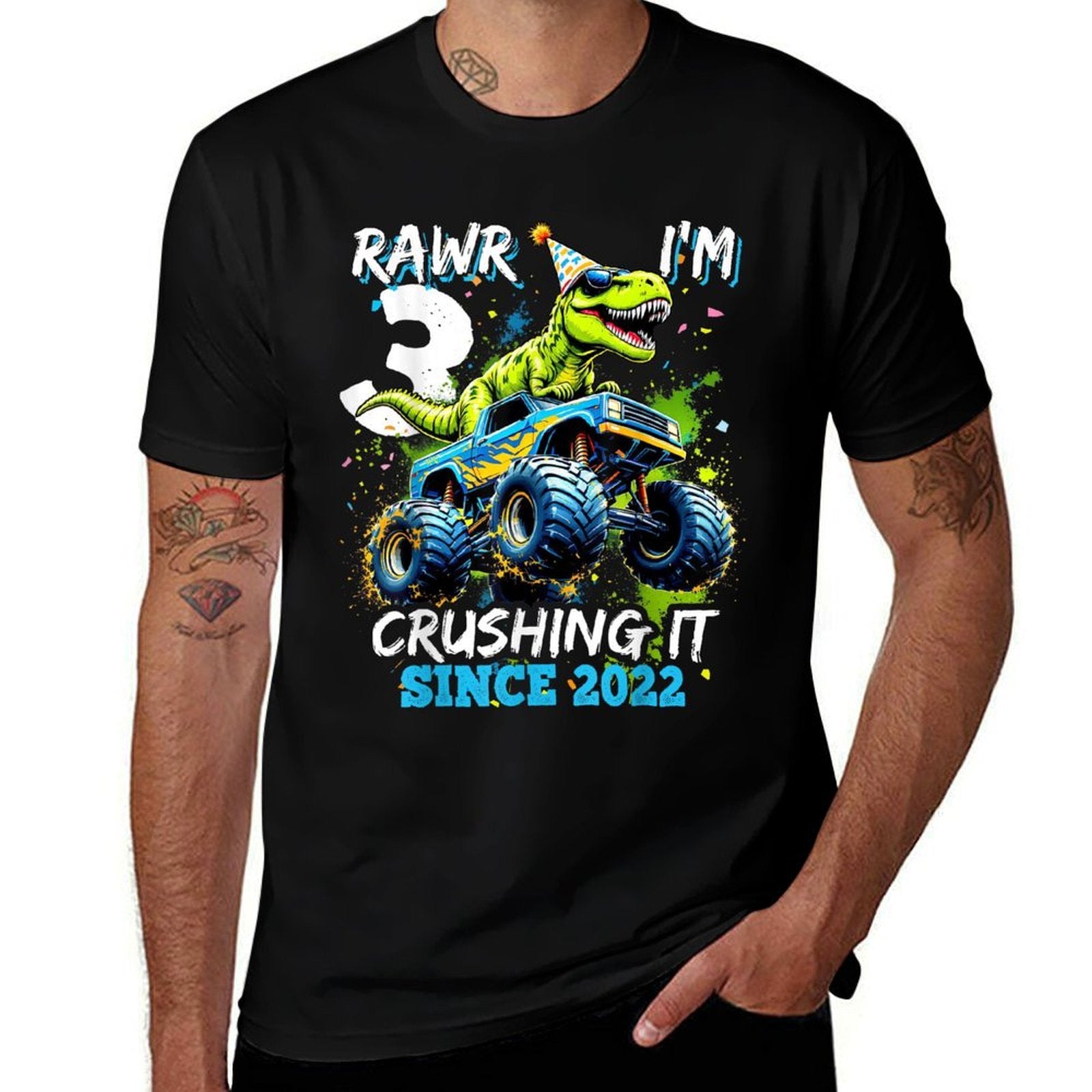 3rd Birthday Monster Truck Dinosaur Party Boys Rawr I'm 3  High-quality Stitching T-Shirt