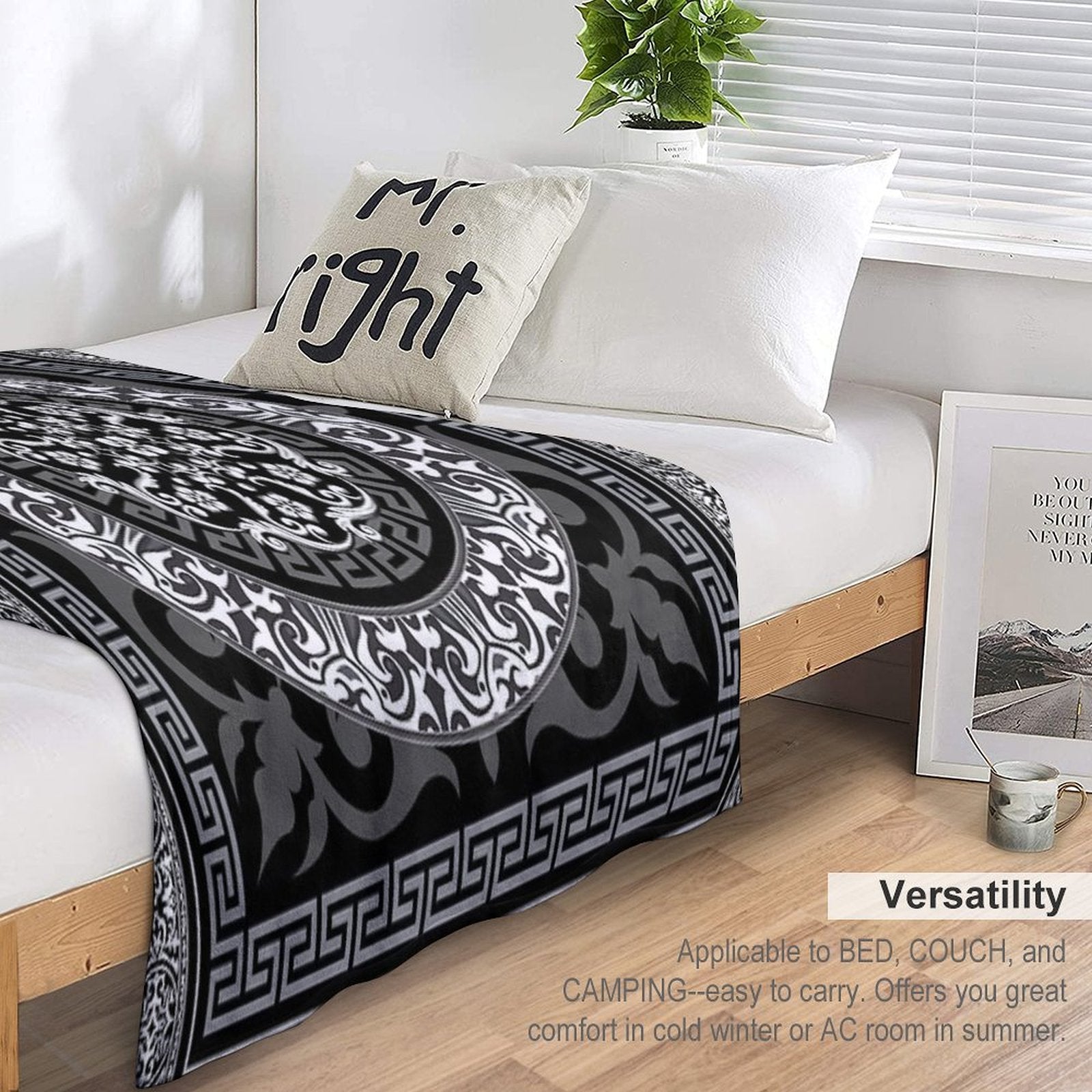 Ornate Baroque Black Grey White Greek Key Plush Throw Blanket