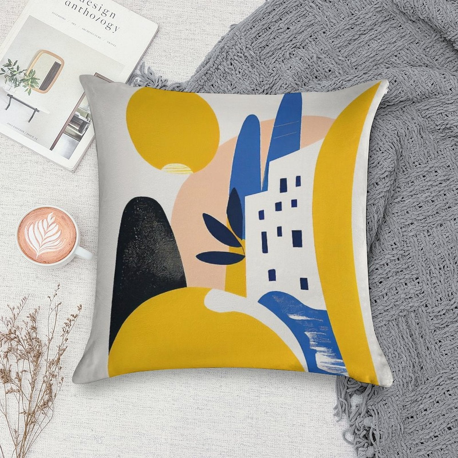 Abstract Mediterranean Desert City Yellow Blue Mid-Century Modern Boho Soft Fade-Resistant Throw Pillow