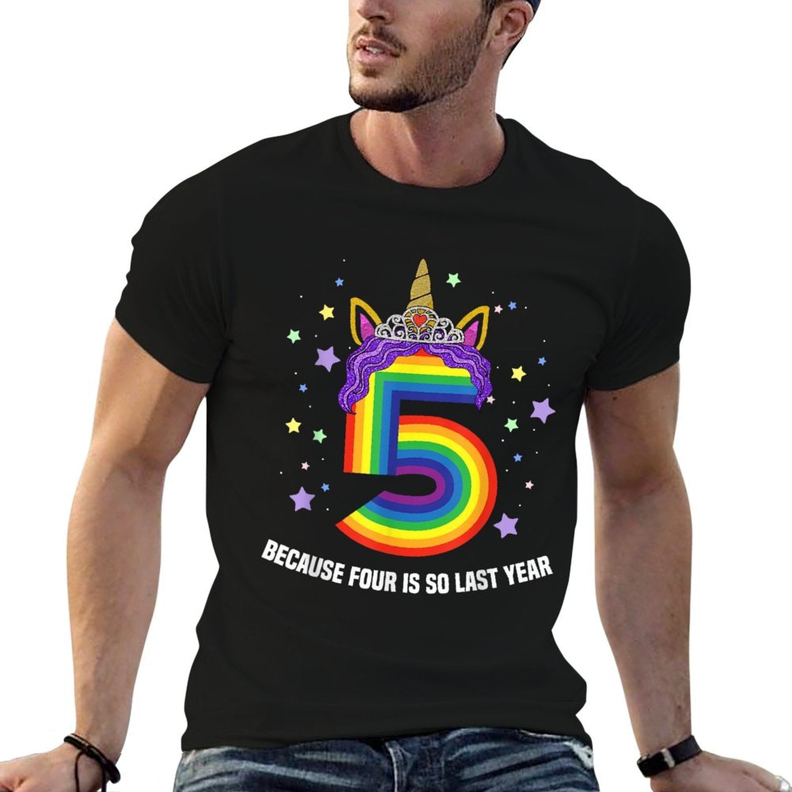 5 Years Old Birthday Girl Unicorn Rainbow 5th Birthday Gift  Ribbed Collar T-Shirt