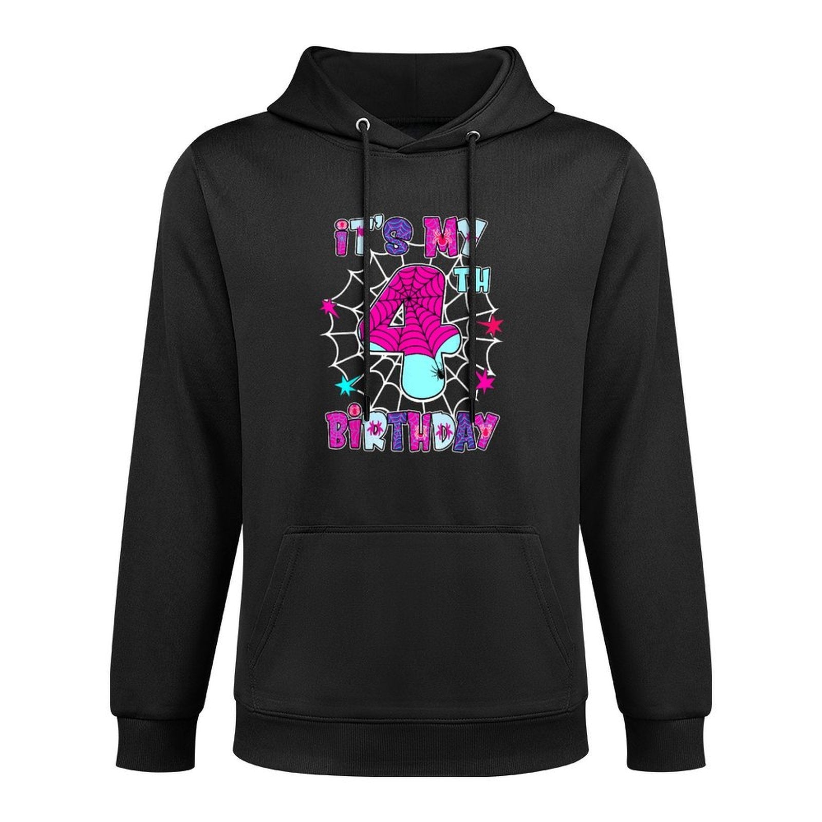 Kids 4 Year Old Birthday Spider Web It's My 4th Birthday Adjustable Hood Hoodie