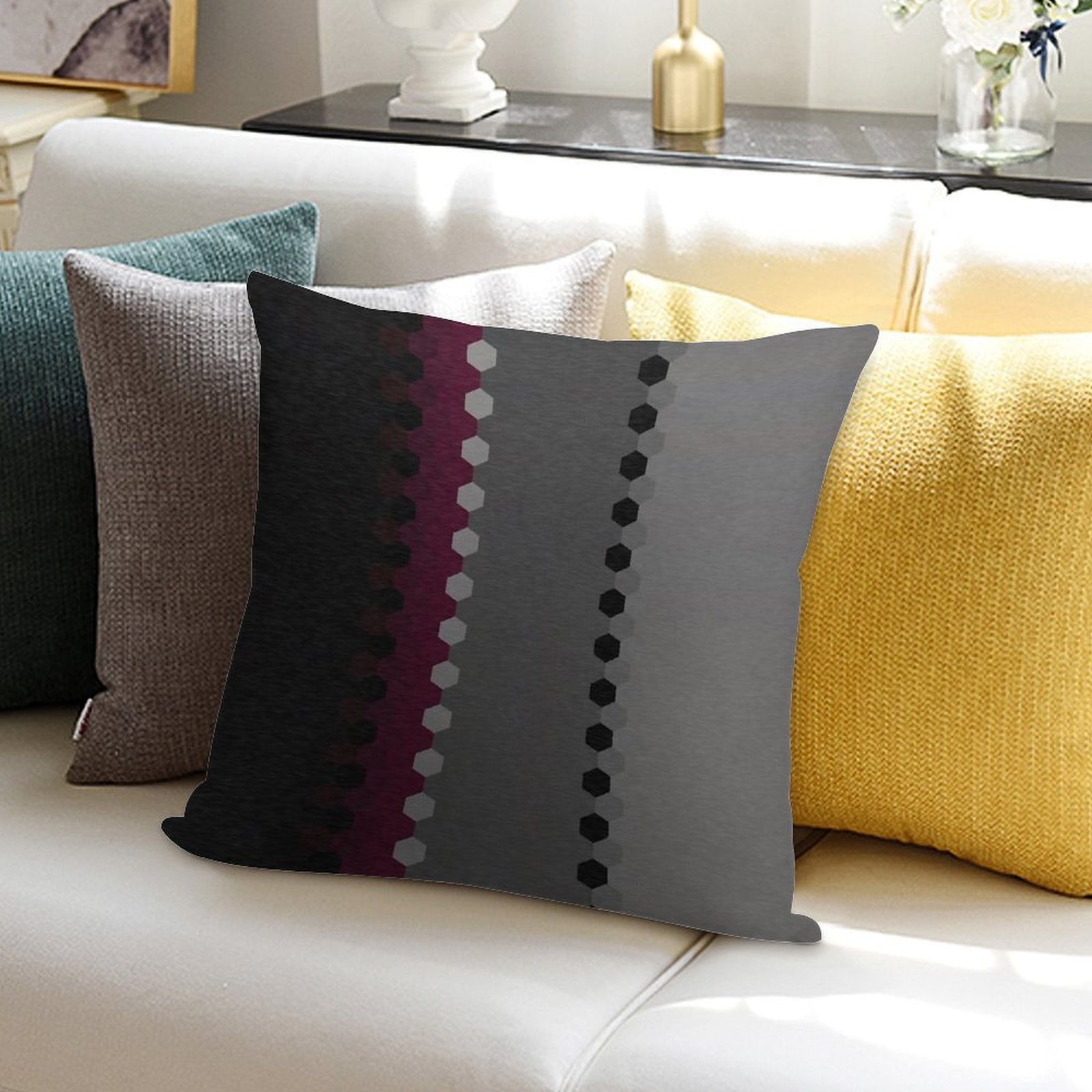 Modern Burgundy Black Grey Dot Stripes Soft High-Density Material Throw Pillow
