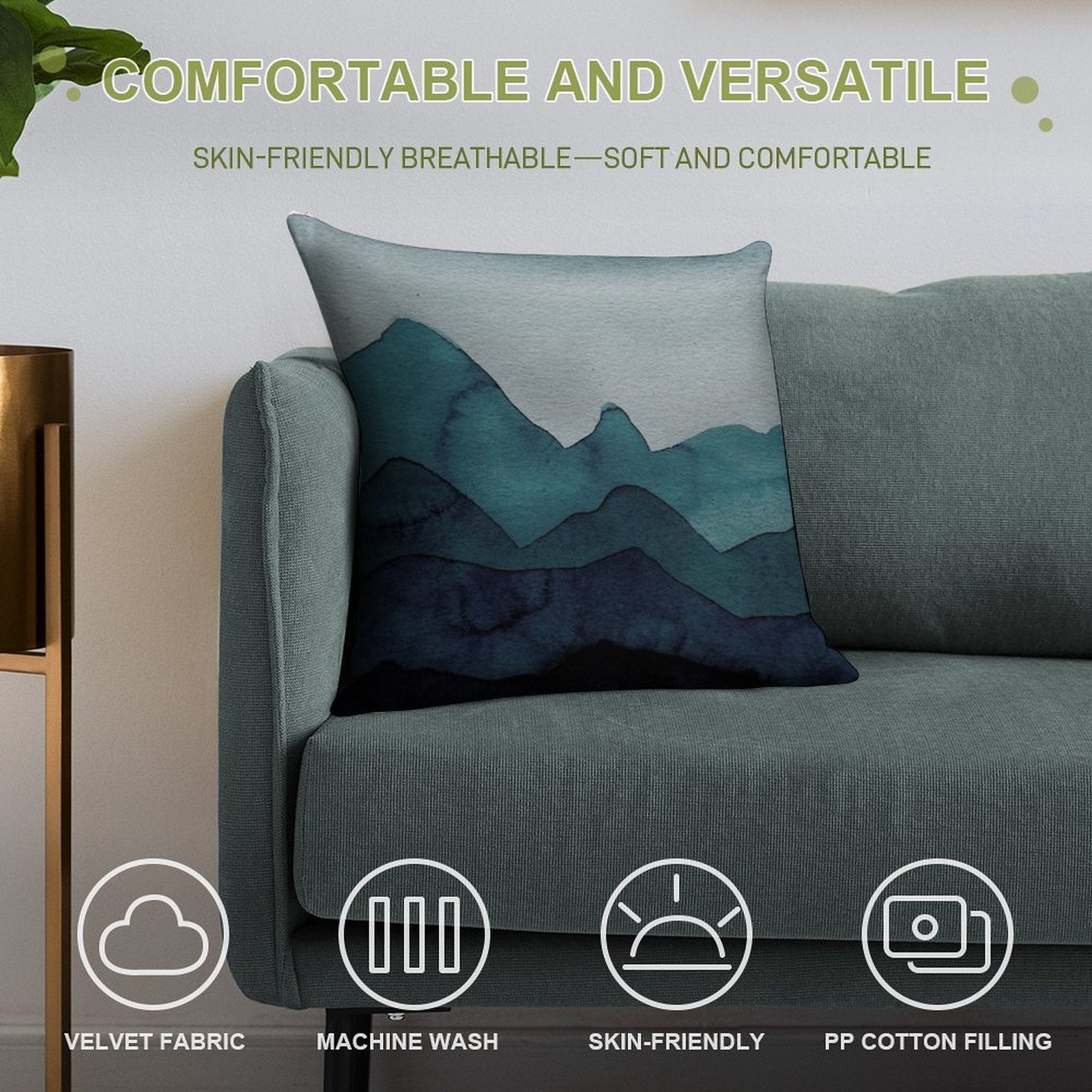 Mountains in Petrol, Blue, Turquoise, Green, Azure, Gray, Black Soft Style Accent Throw Pillow