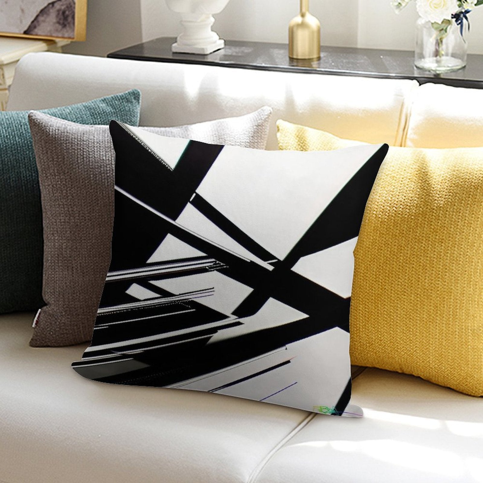 Abstract Geometric Black And White 77 Soft Short Plush Fabric Throw Pillow