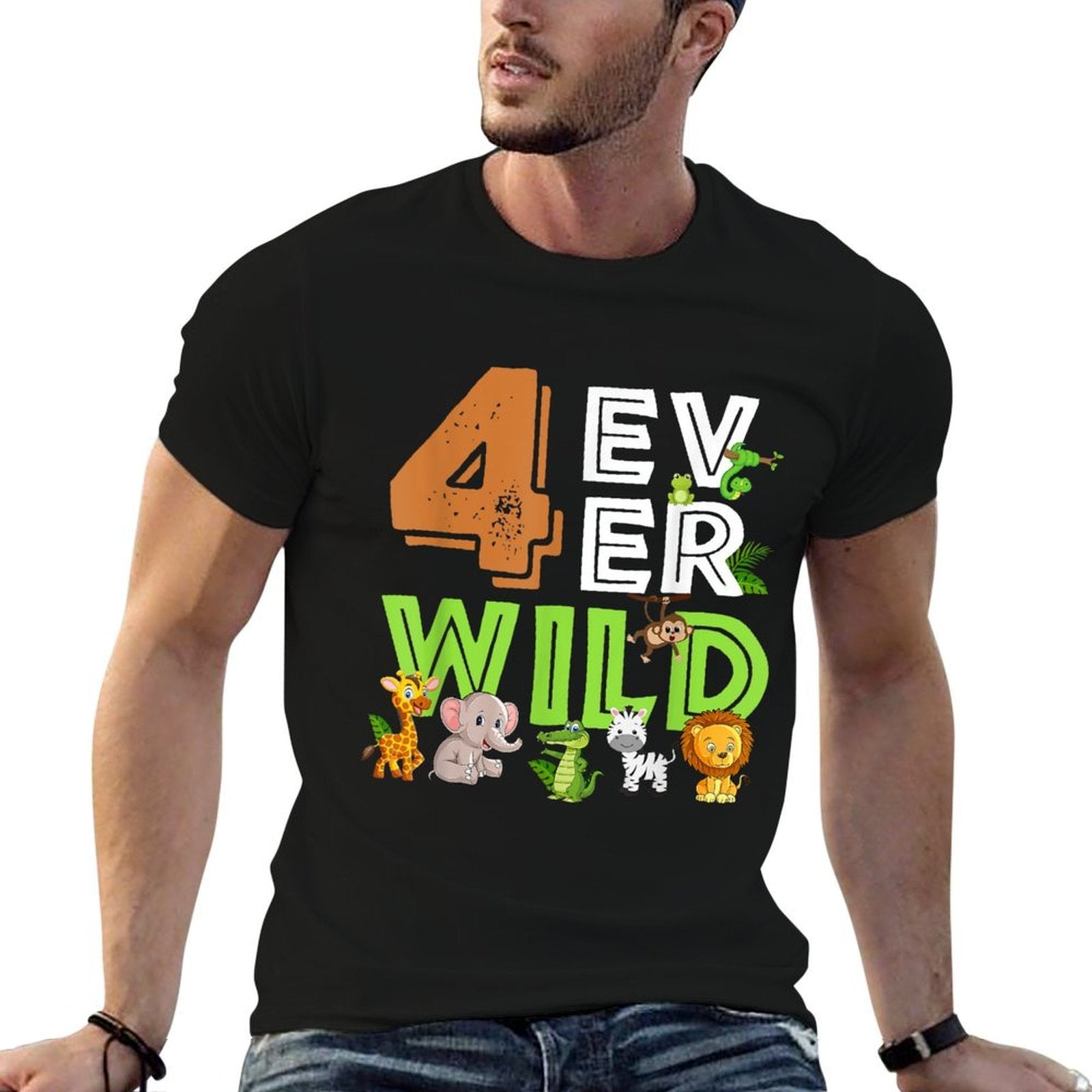 4 Ever Wild Birthday Decorations Boy Zoo 4th Birthday Party  Ribbed Collar T-Shirt