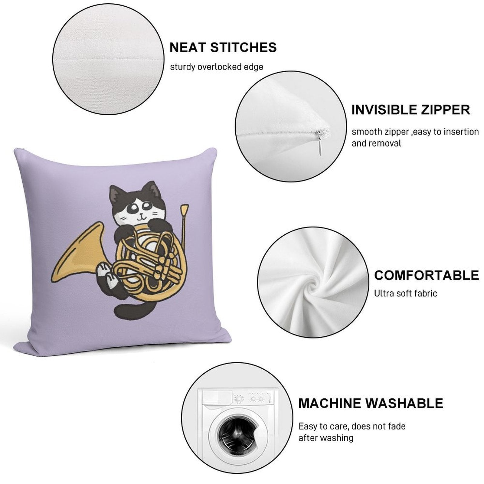 French Horn Tuxedo Cat Soft Easy Maintenance Throw Pillow