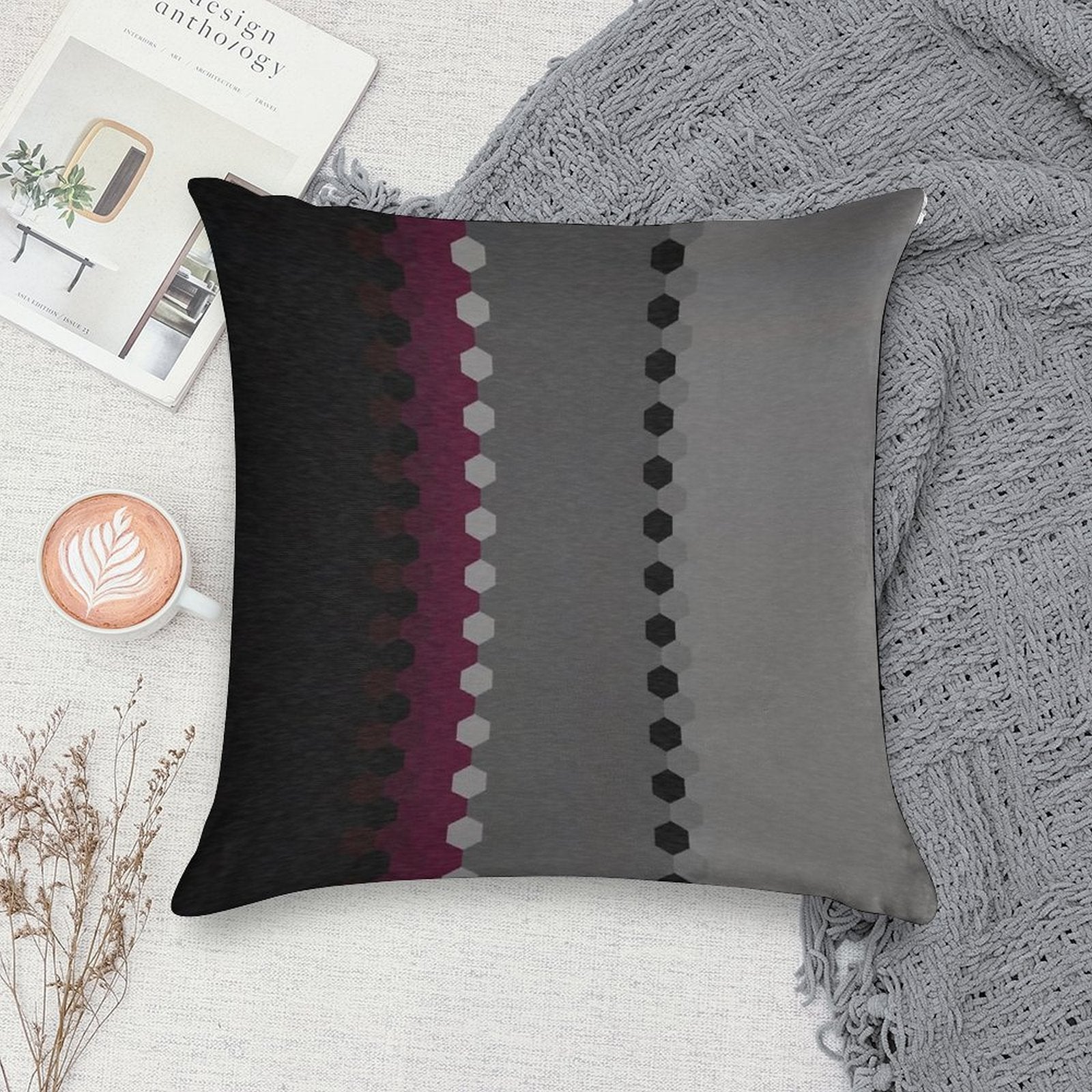 Modern Burgundy Black Grey Dot Stripes Soft High-Density Material Throw Pillow