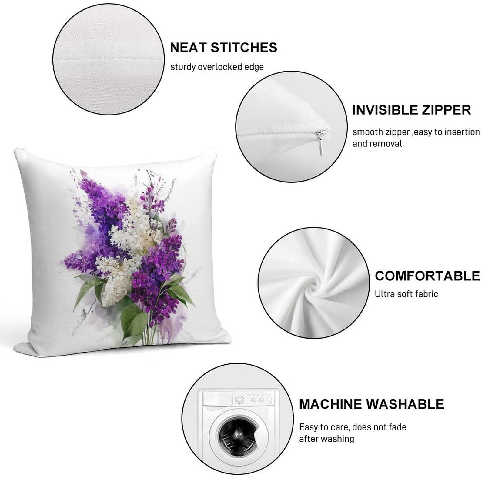 Watercolor Lilacs Soft Hidden Zipper Throw Pillow