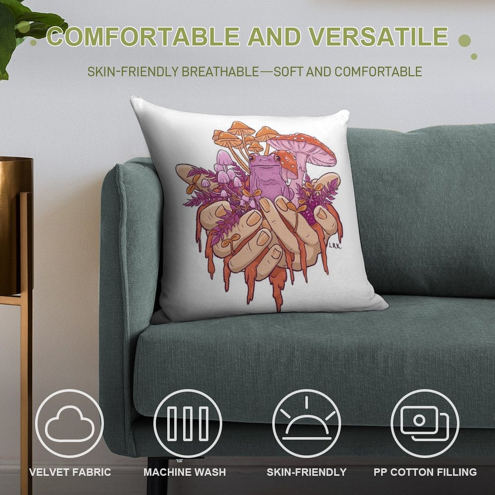 Sapphic Toadstool Frog Handful Soft Washable Throw Pillow