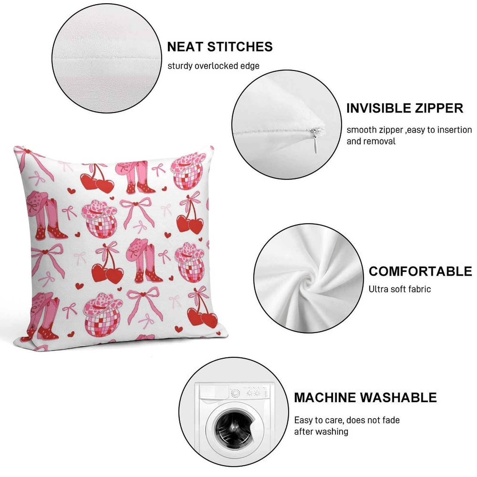 Disco Cowgirl Pack. Pink Cowboy Boot, Disco Ball, Cherry, Bows And Cowgirl Hat. Soft High-Density Material Throw Pillow