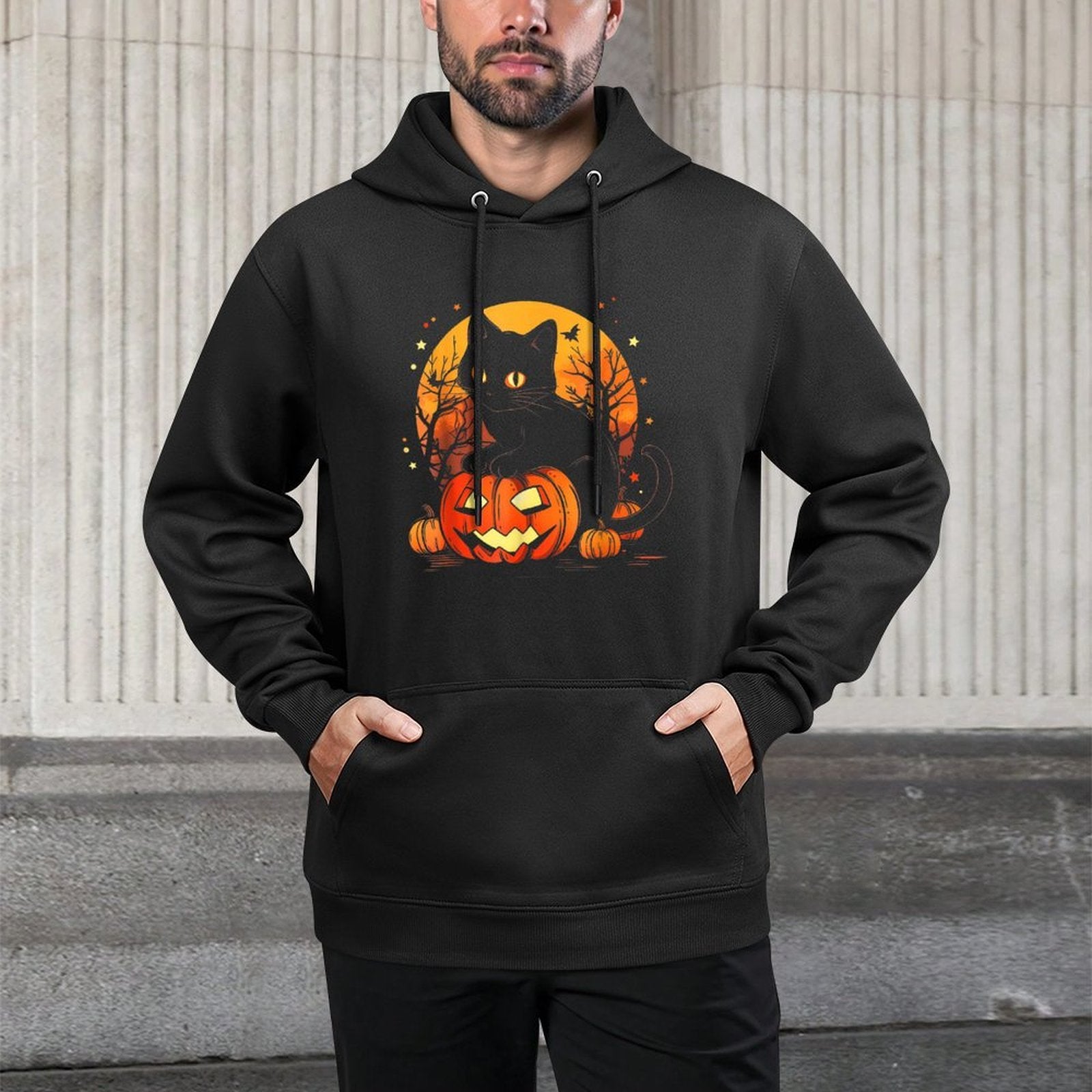 Retro Black Cat Halloween Pumpkin Costume for Women Men Kids All-Day Comfort Hoodie