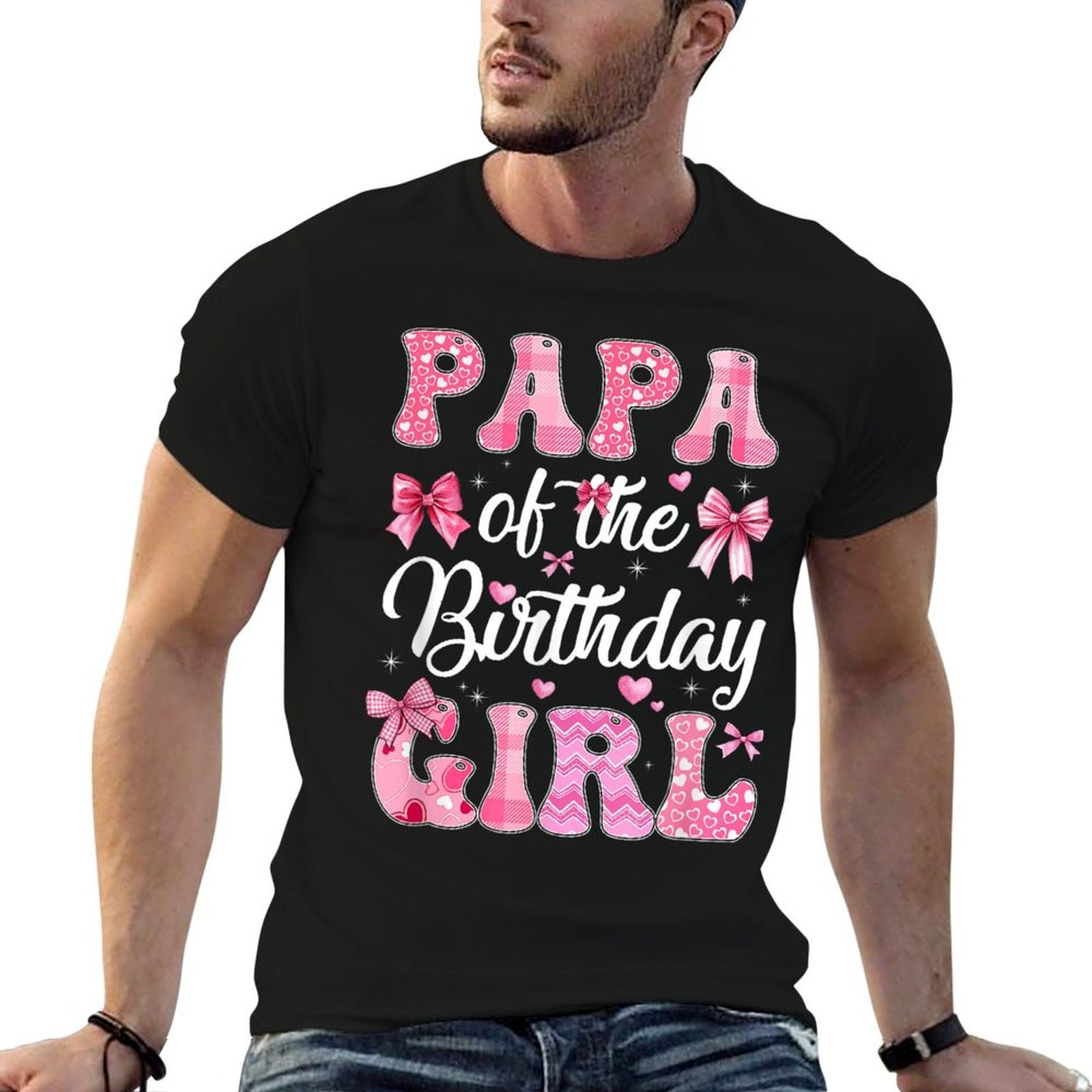 Papa Of The Birthday Girl Family Pink Coquette Bow  Ribbed Collar T-Shirt
