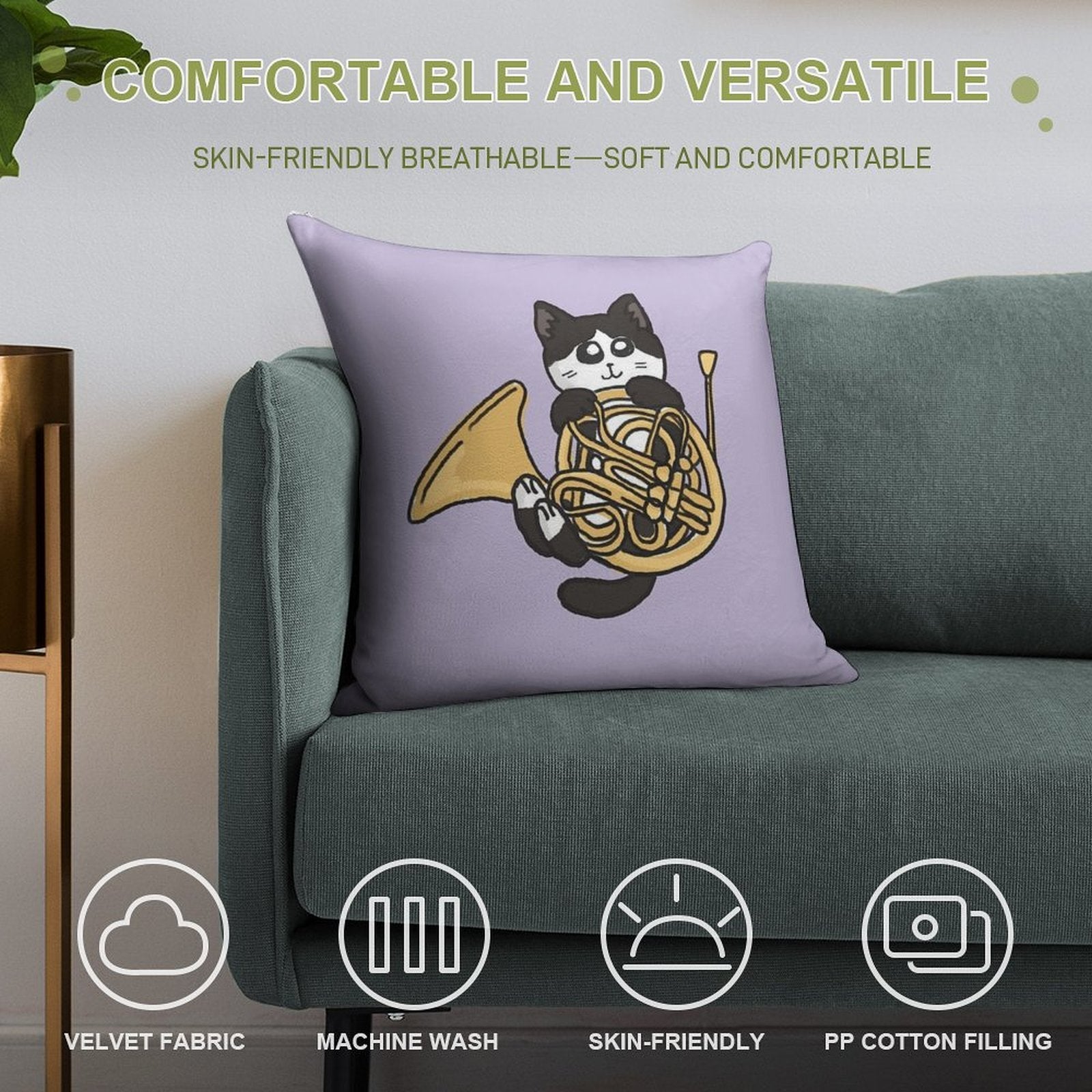 French Horn Tuxedo Cat Soft Easy Maintenance Throw Pillow