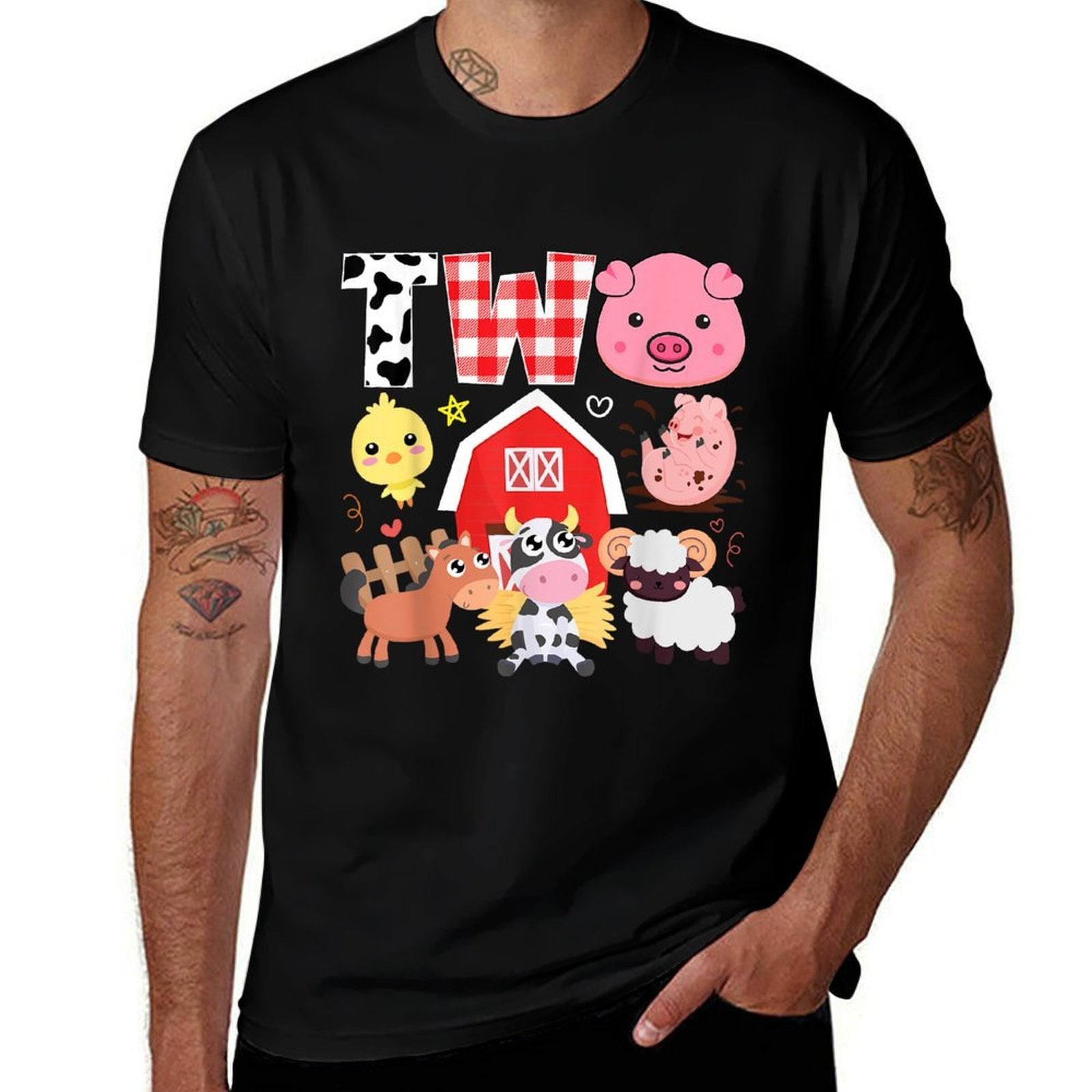 2nd Birthday Two Year Old Farm Theme Animals Birthday Party  Ribbed Collar T-Shirt