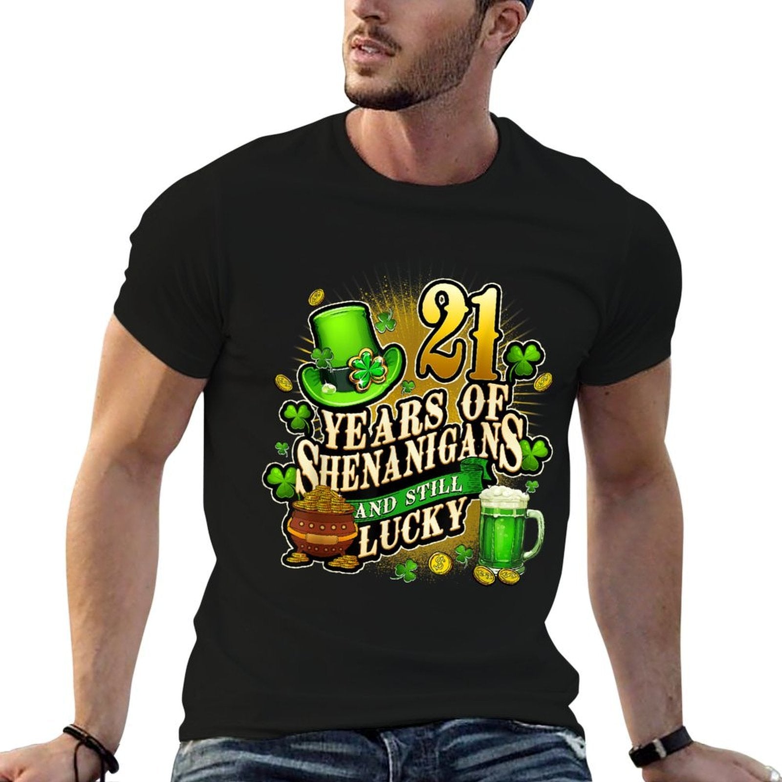21 Years of Shenanigans St. Patrick's Day 21st Birthday  Ribbed Collar T-Shirt