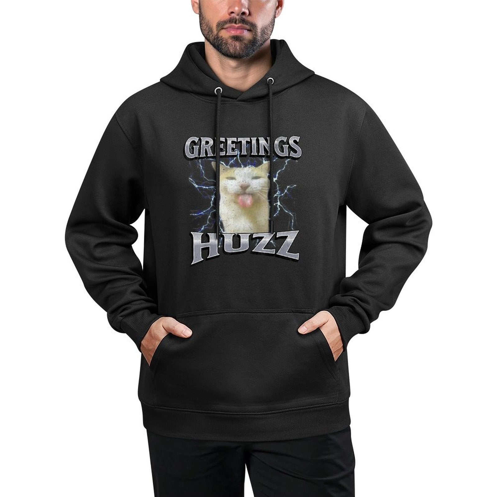 Greetings Huzz Funny Cat Meme Bootleg Graphic Men Women Versatile Streetwear Hoodie