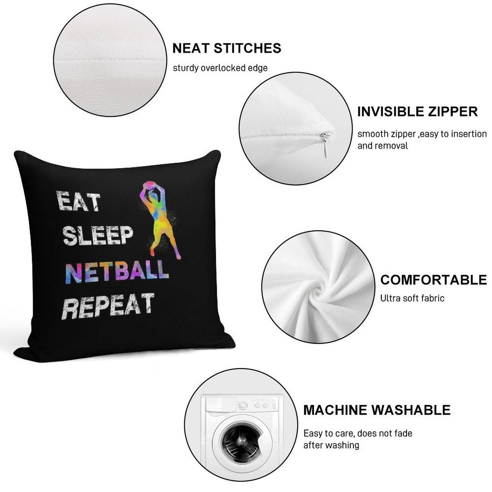 Eat Sleep Netball Repeat Soft Fade-Resistant Throw Pillow