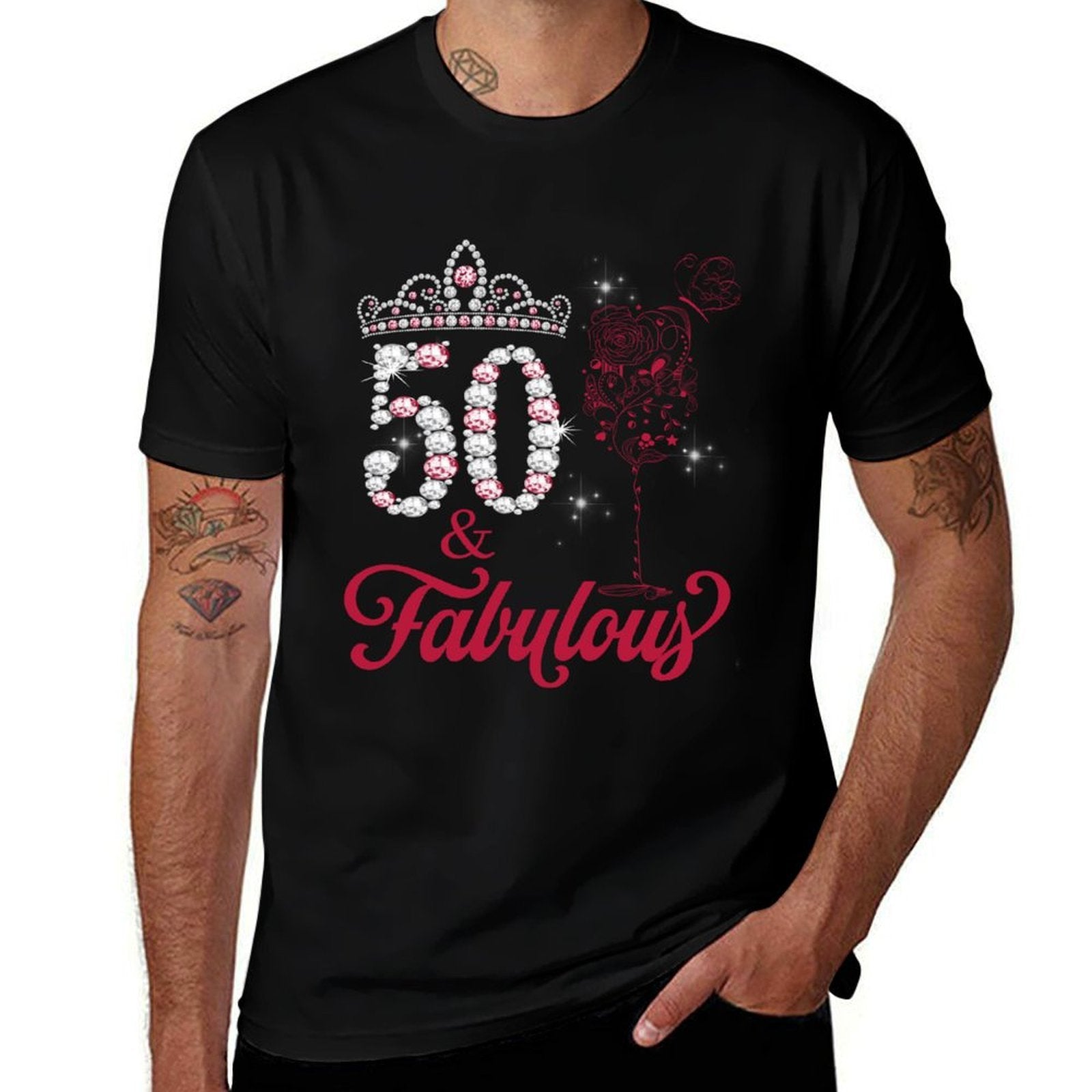 50 And Fabulous Queen Happy Birthday 50th Pink Rose Red Wine  Trendy Pattern T-Shirt