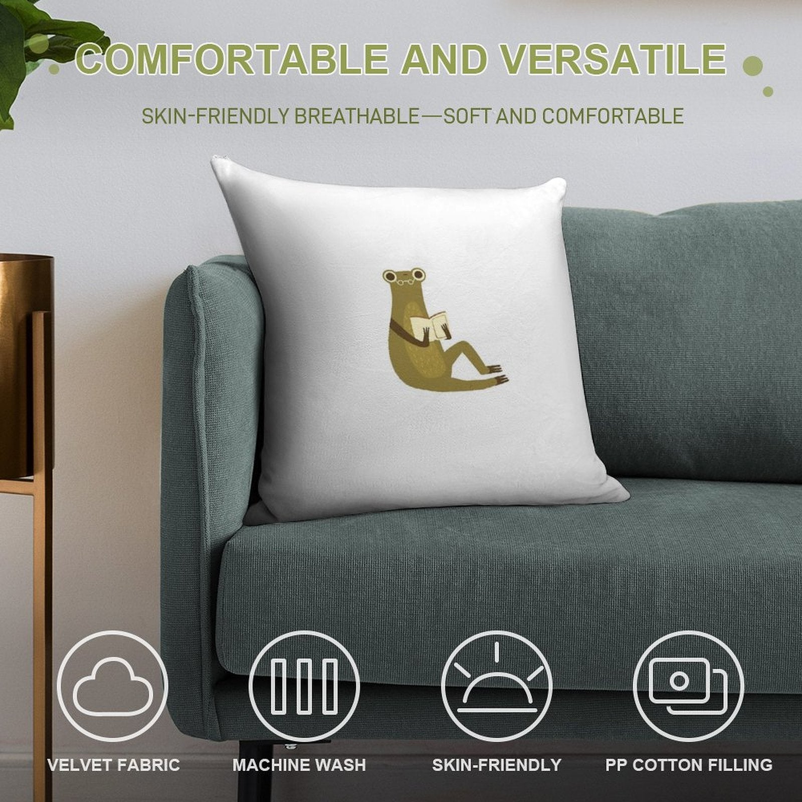 Cute Frog with Glasses Reading A Book Soft Multiple Sizes Throw Pillow