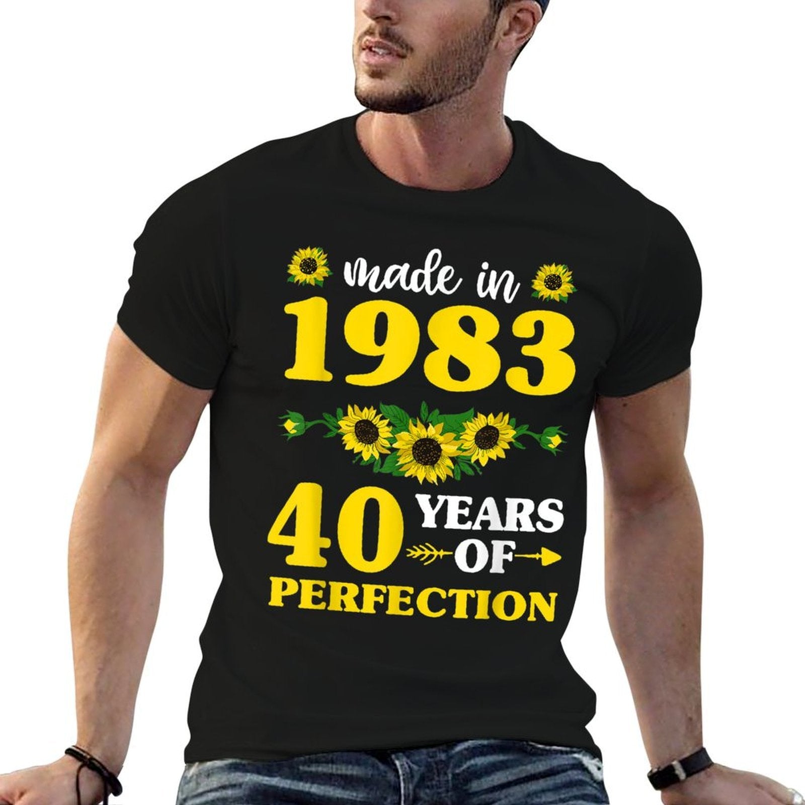 40th Birthdays For Women, Made In 1983 Sunflower  Oversized Silhouette T-Shirt