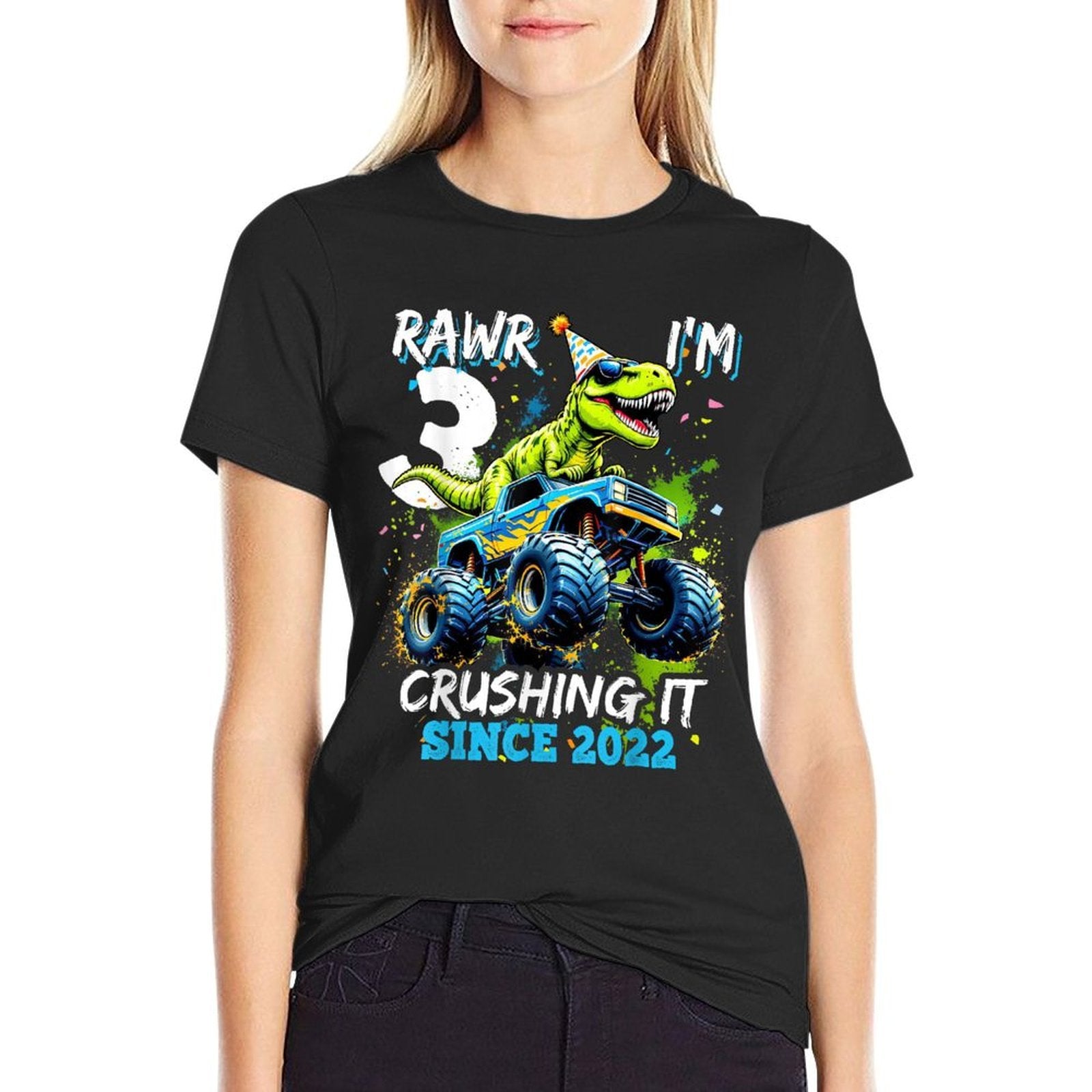 3rd Birthday Monster Truck Dinosaur Party Boys Rawr I'm 3  High-quality Stitching T-Shirt
