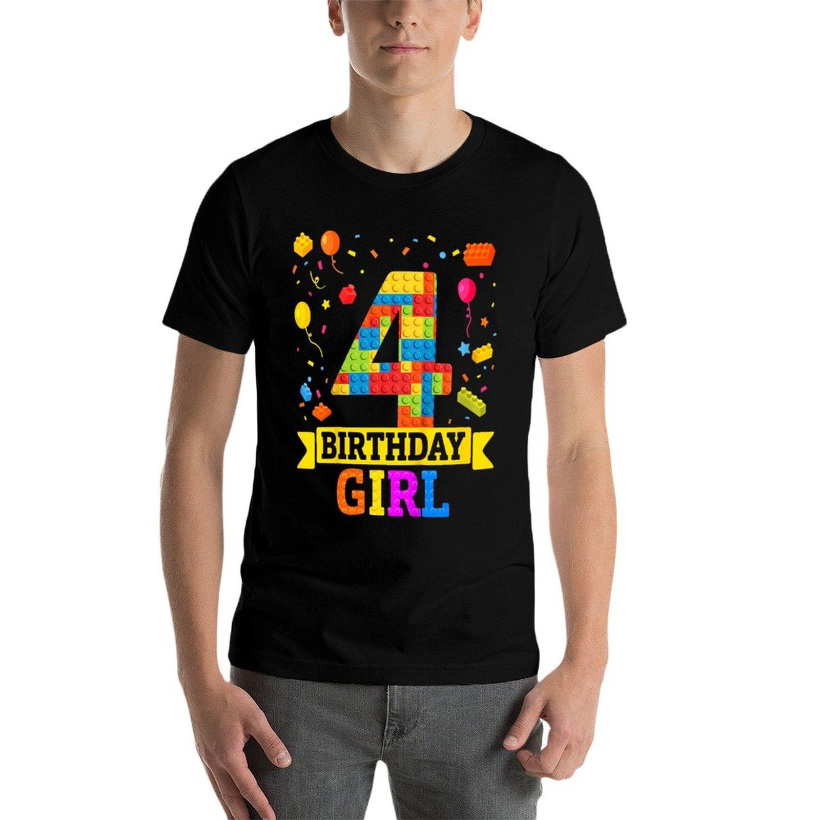 4 Year Old Building Blocks 4th Birthday Girl Block Building  Lightweight T-Shirt
