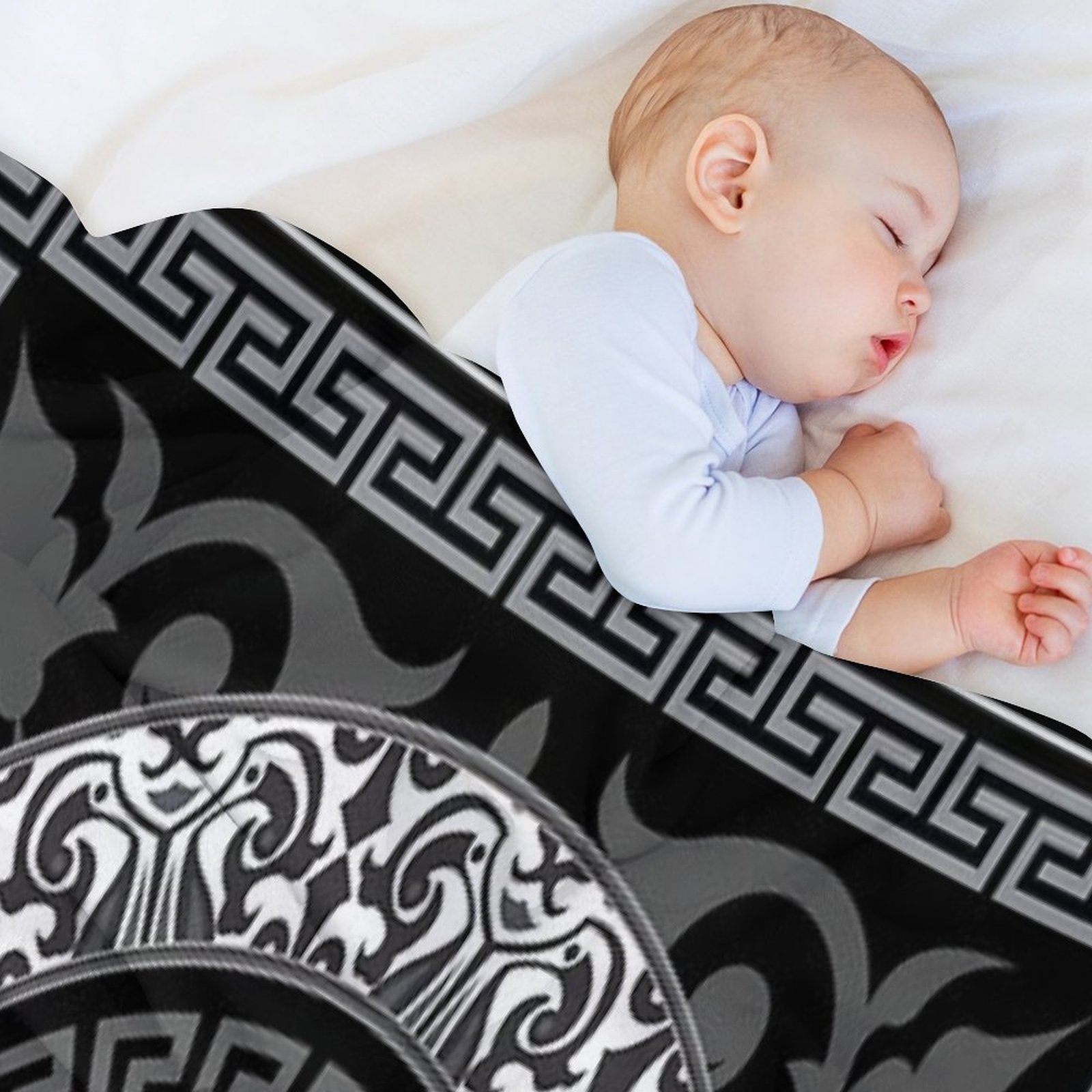 Ornate Baroque Black Grey White Greek Key Plush Throw Blanket