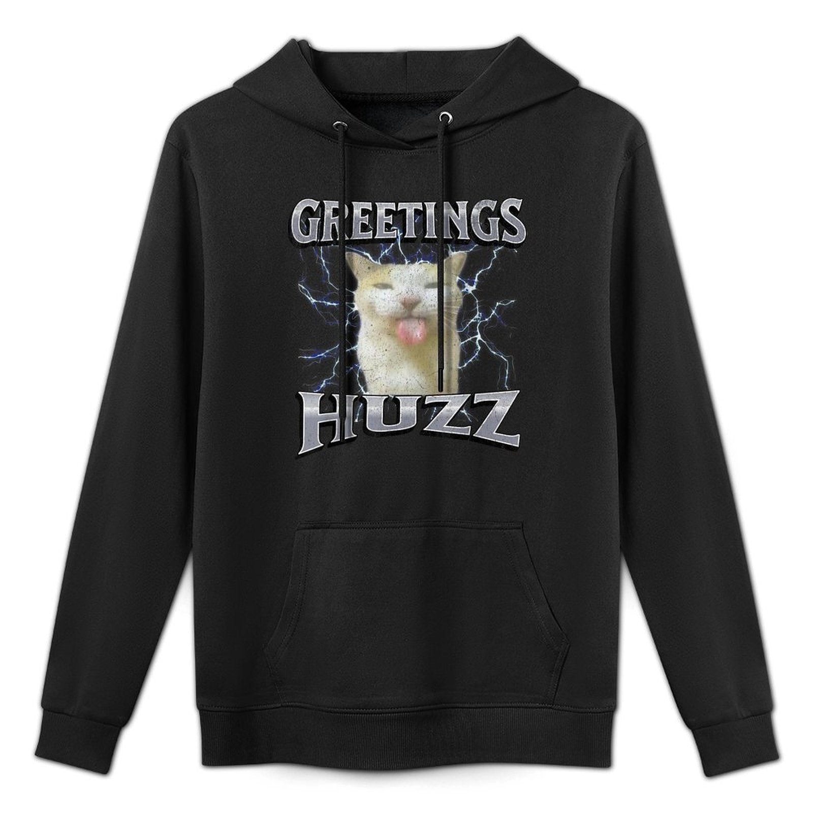 Greetings Huzz Funny Cat Meme Bootleg Graphic Men Women Versatile Streetwear Hoodie