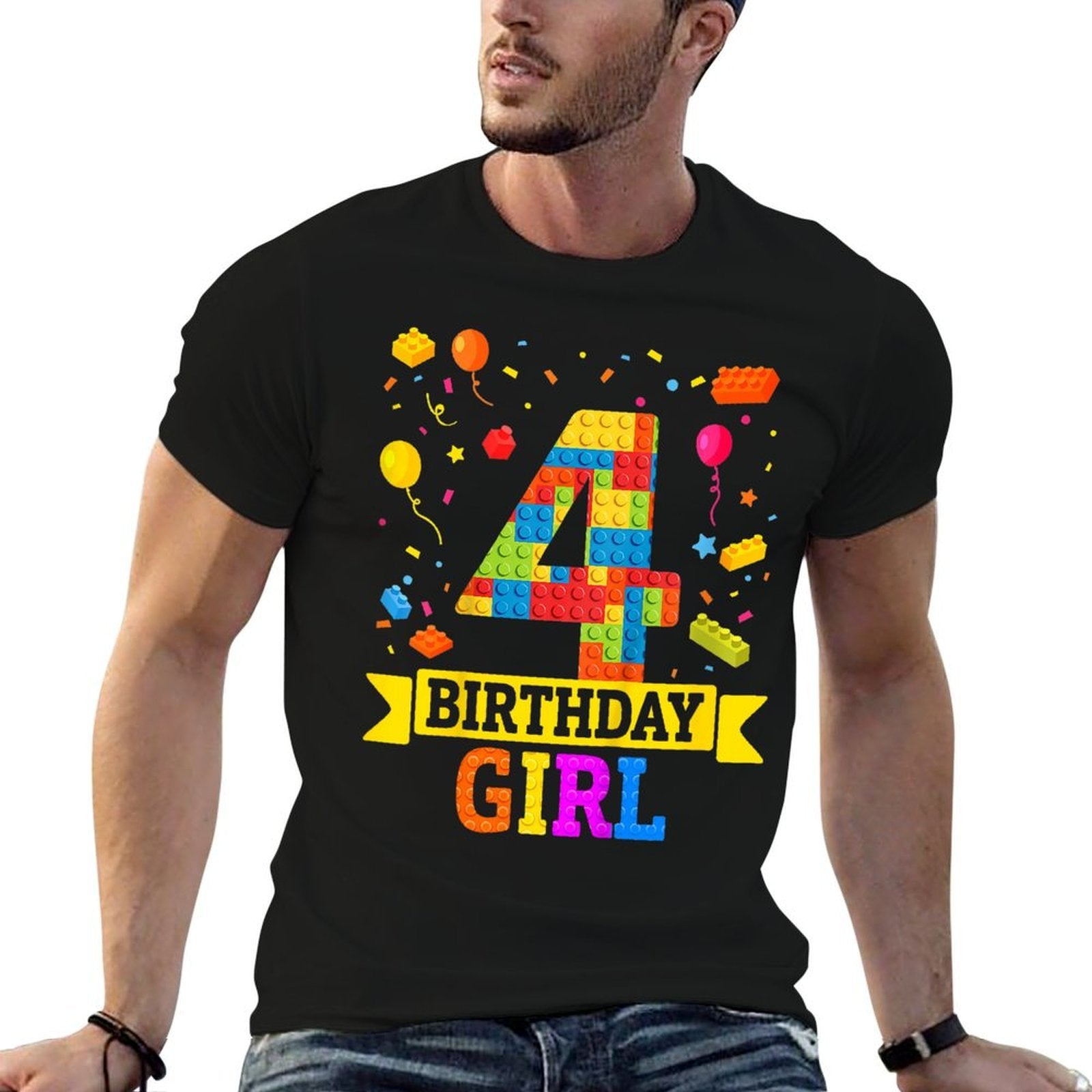 4 Year Old Building Blocks 4th Birthday Girl Block Building  Lightweight T-Shirt