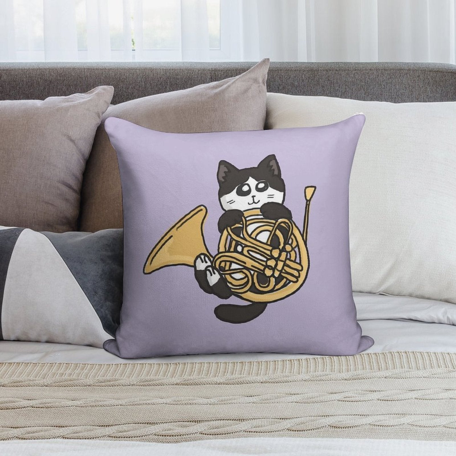French Horn Tuxedo Cat Soft Easy Maintenance Throw Pillow