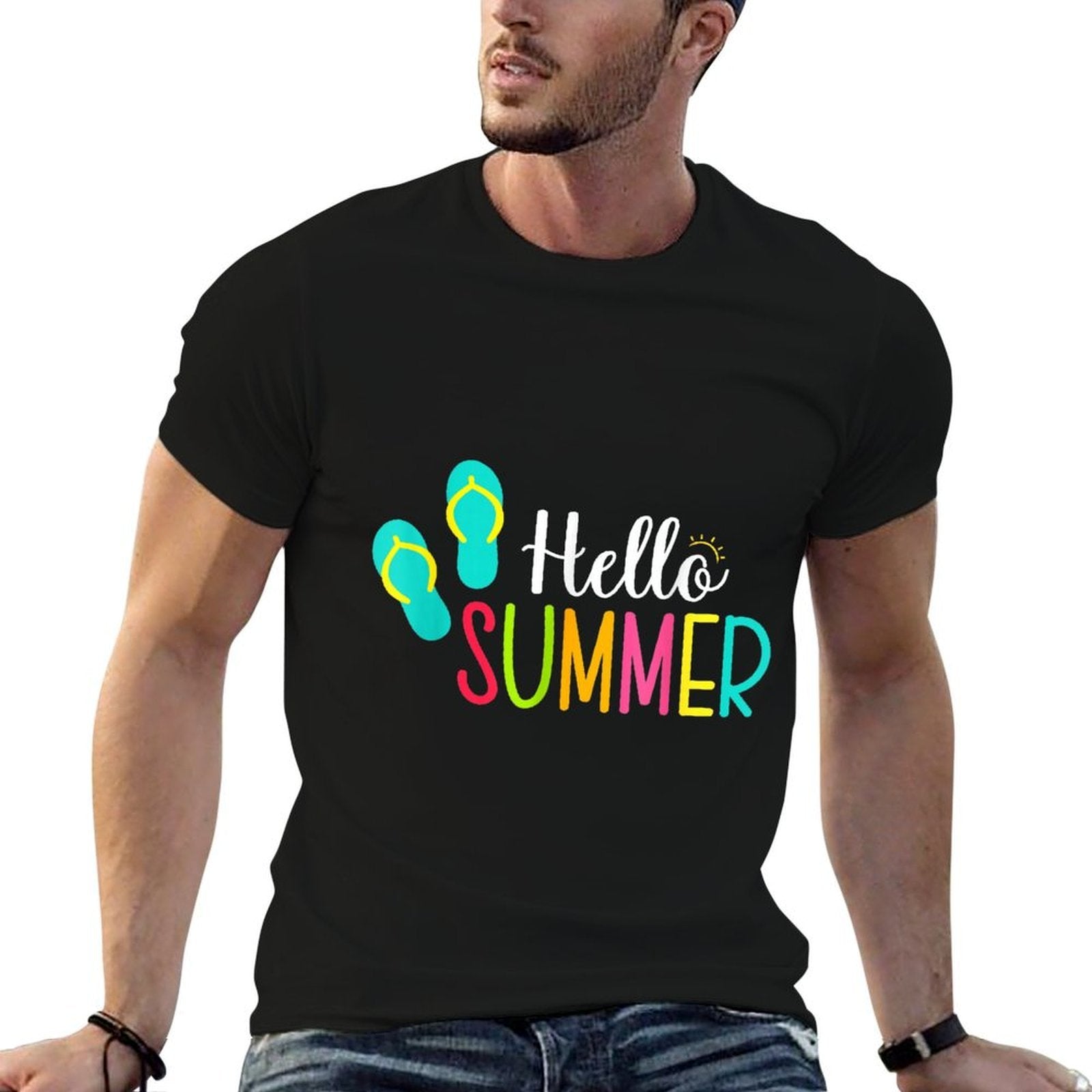 Colorful Hello Summer Flip Flops Graphic Funny Sunshine  Lightweight T-Shirt
