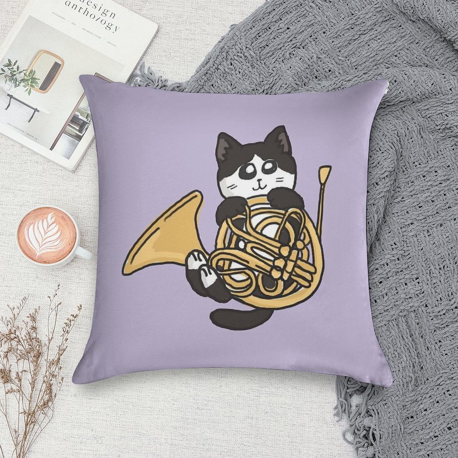French Horn Tuxedo Cat Soft Easy Maintenance Throw Pillow
