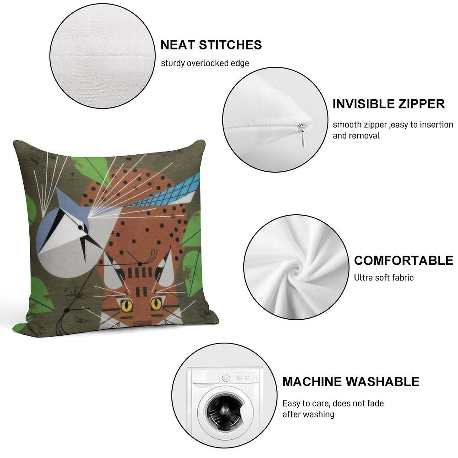 Charley Harper Style Soft Reinforced Edging Throw Pillow