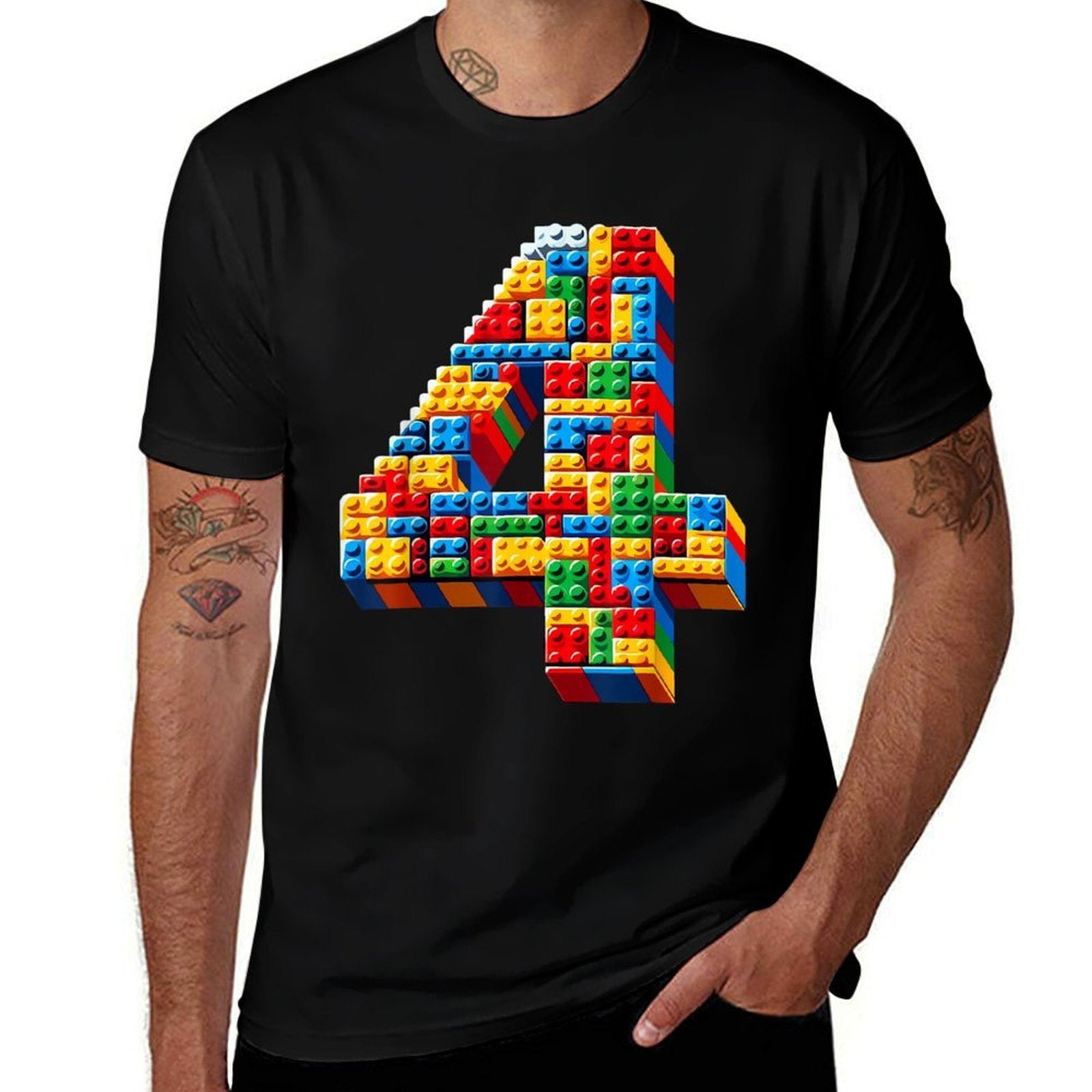 4 Year Old Blocks Building Master Builder 4th Birthday Boy  Rolled Sleeves T-Shirt